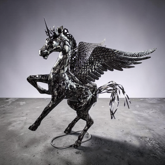 A black and white image of a winged sculpture of a mythical creature, possibly a unicorn or a mythical bird, with intricate details and a dynamic pose.
