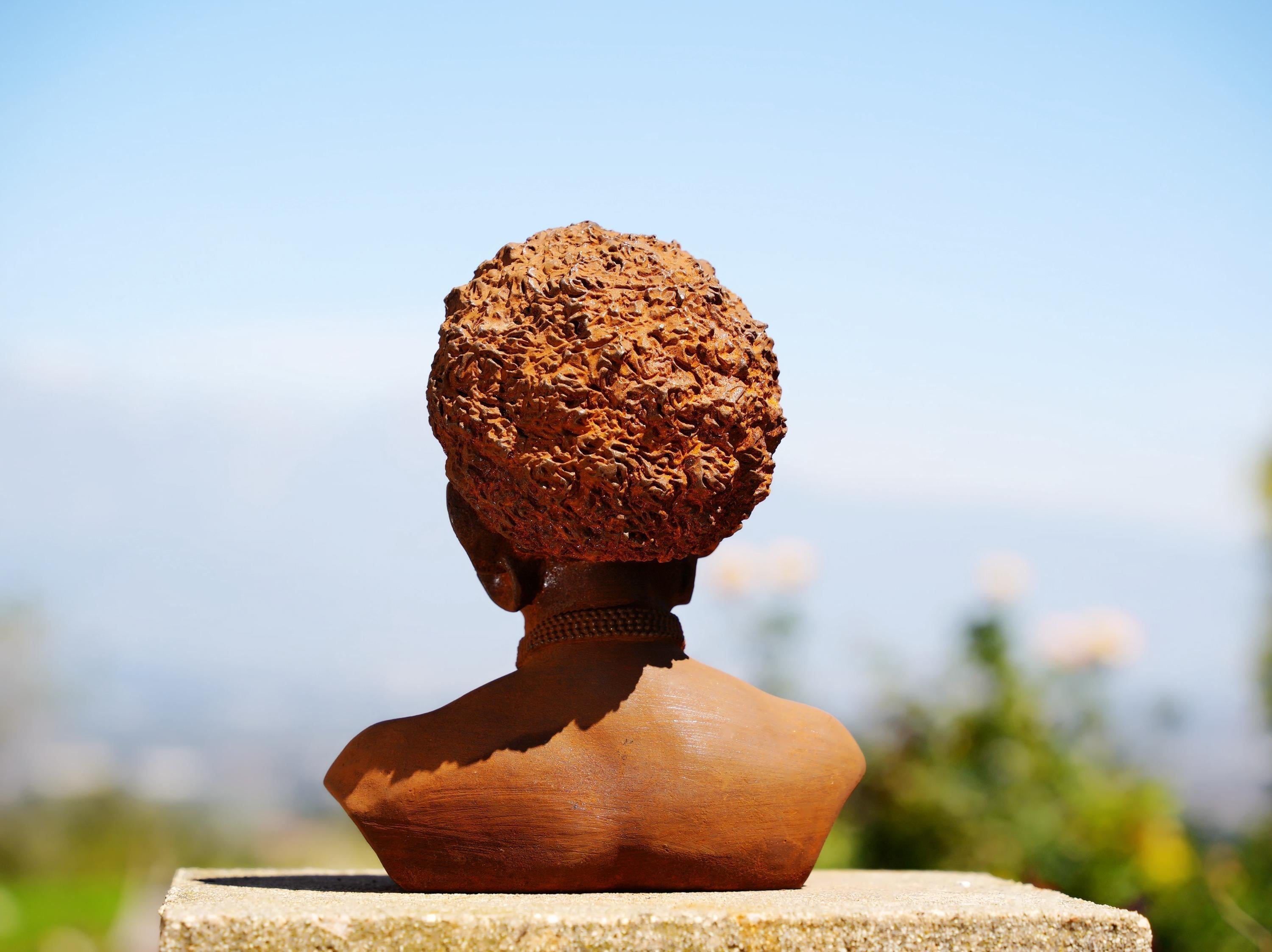 Handmade Cast Iron African Woman Bust: Boho Garden Decor