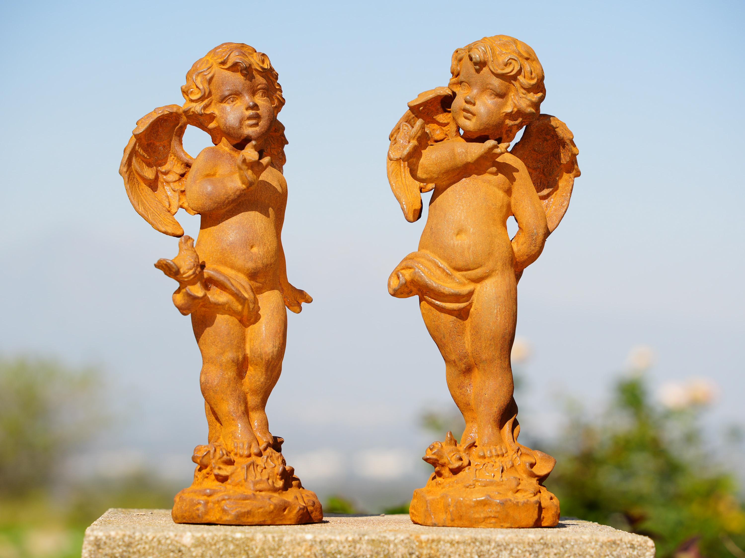 Cast Iron Cherub Angel Statues: Renaissance Garden Decor - Set of 2
