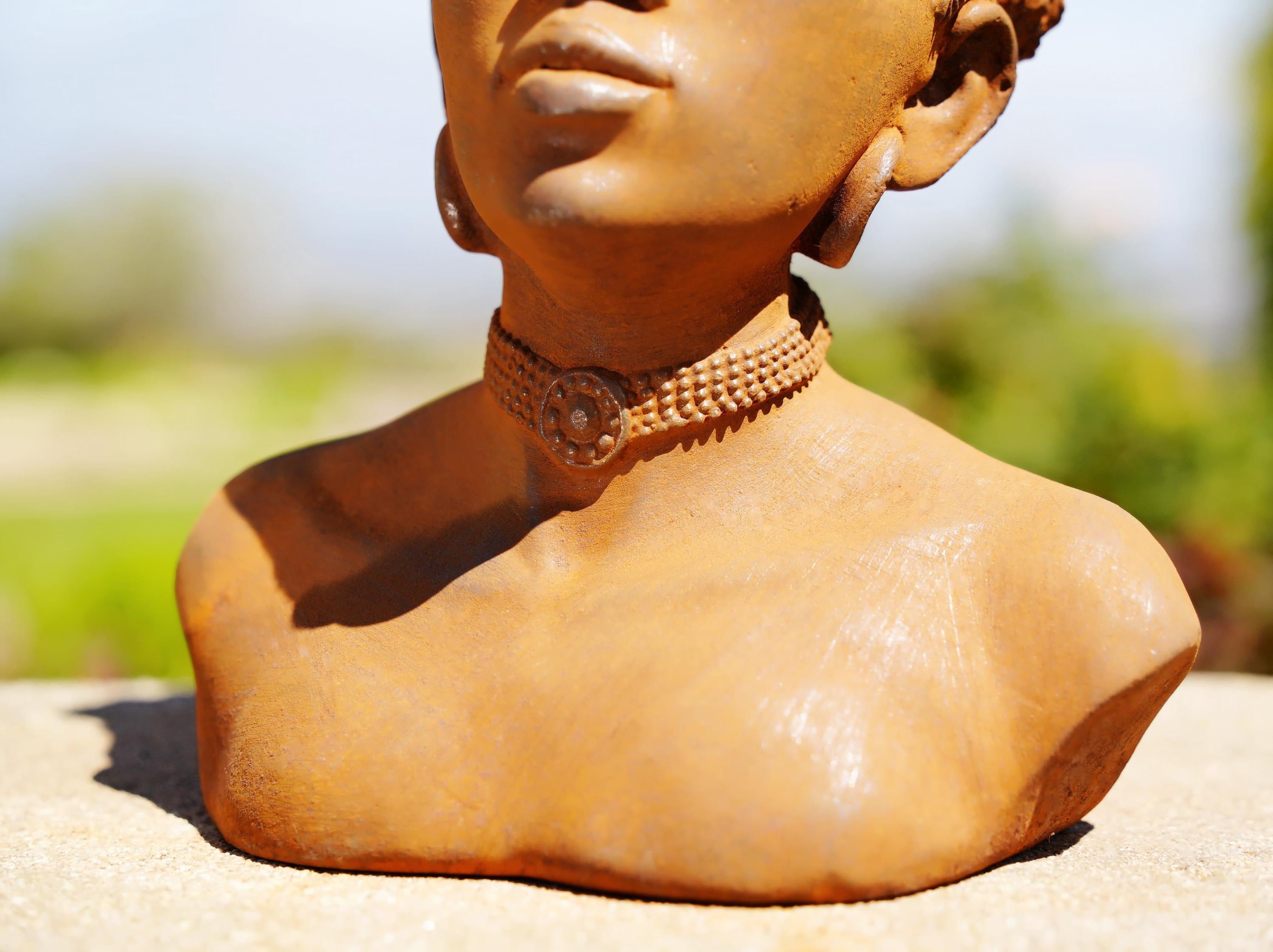 Handmade Cast Iron African Woman Bust: Boho Garden Decor