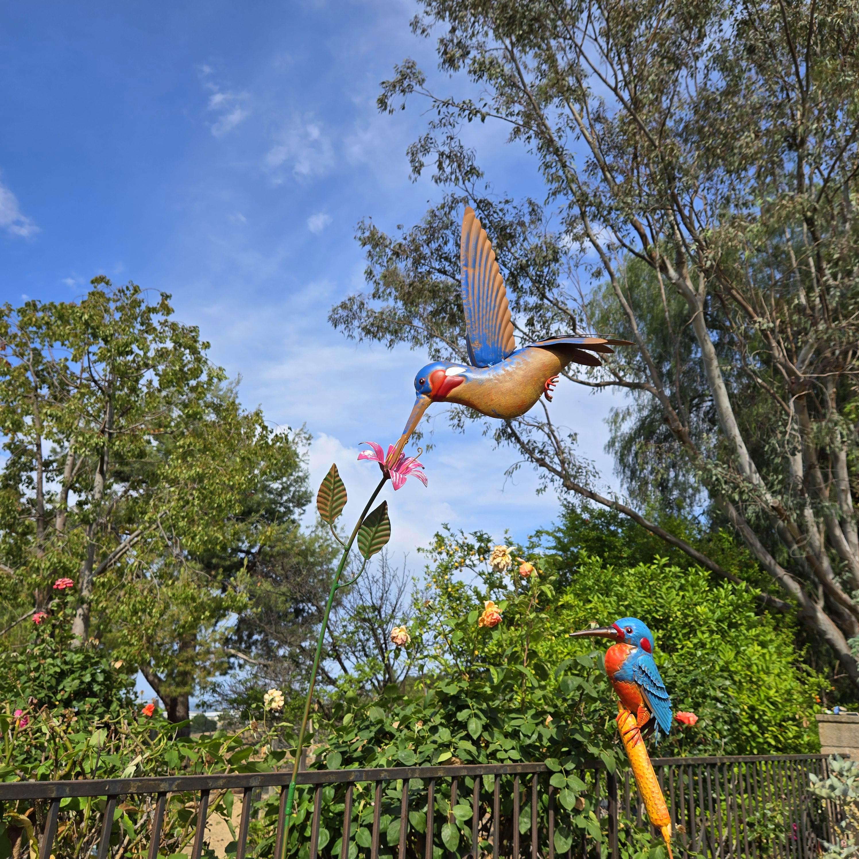 Kinetic Hummingbird Garden Art: 88" Hand-Painted Metal Sculpture