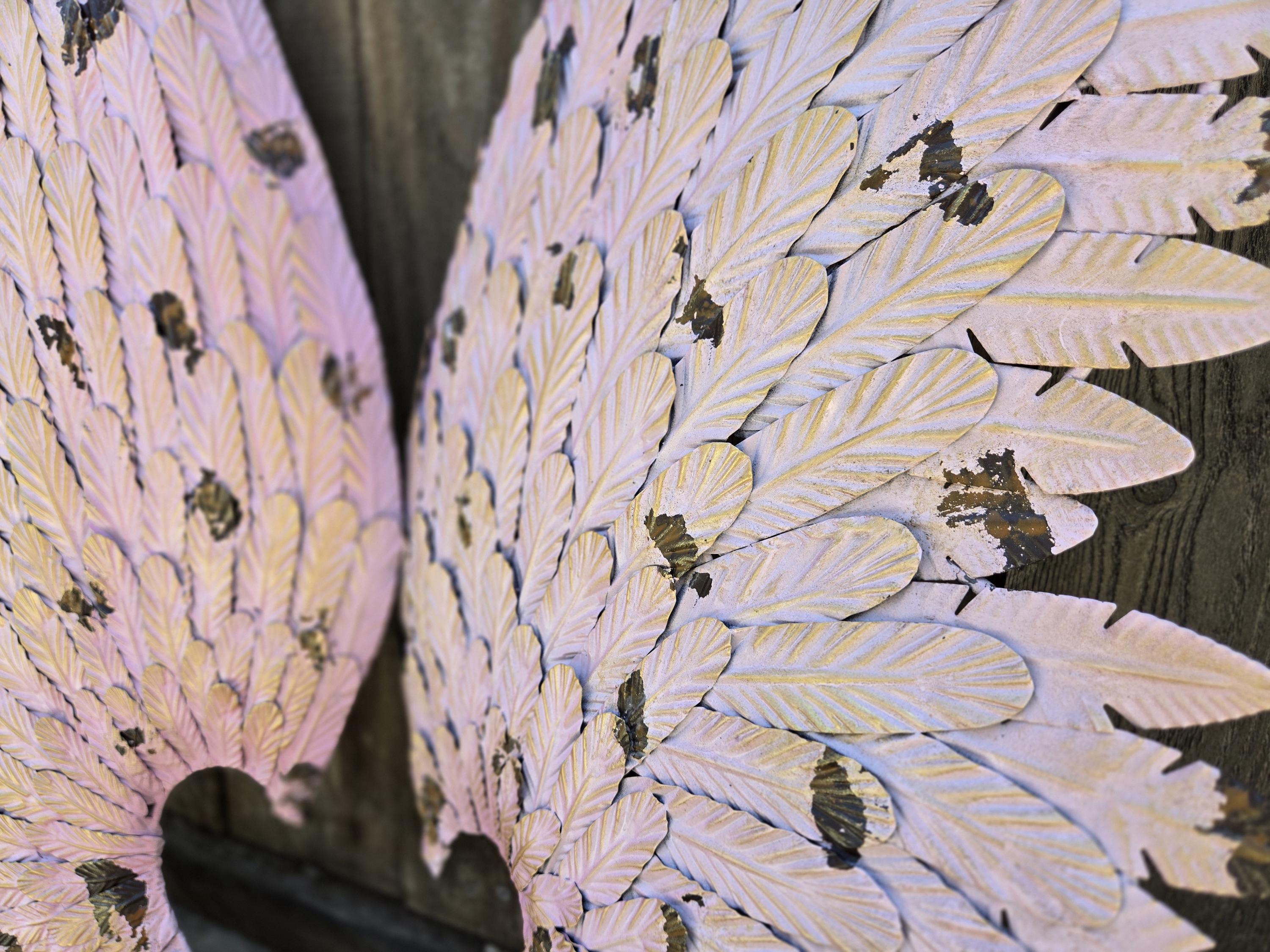 Pink Angel Wings Metal Wall Decor – Distressed Feather Sculpture for Garden Room