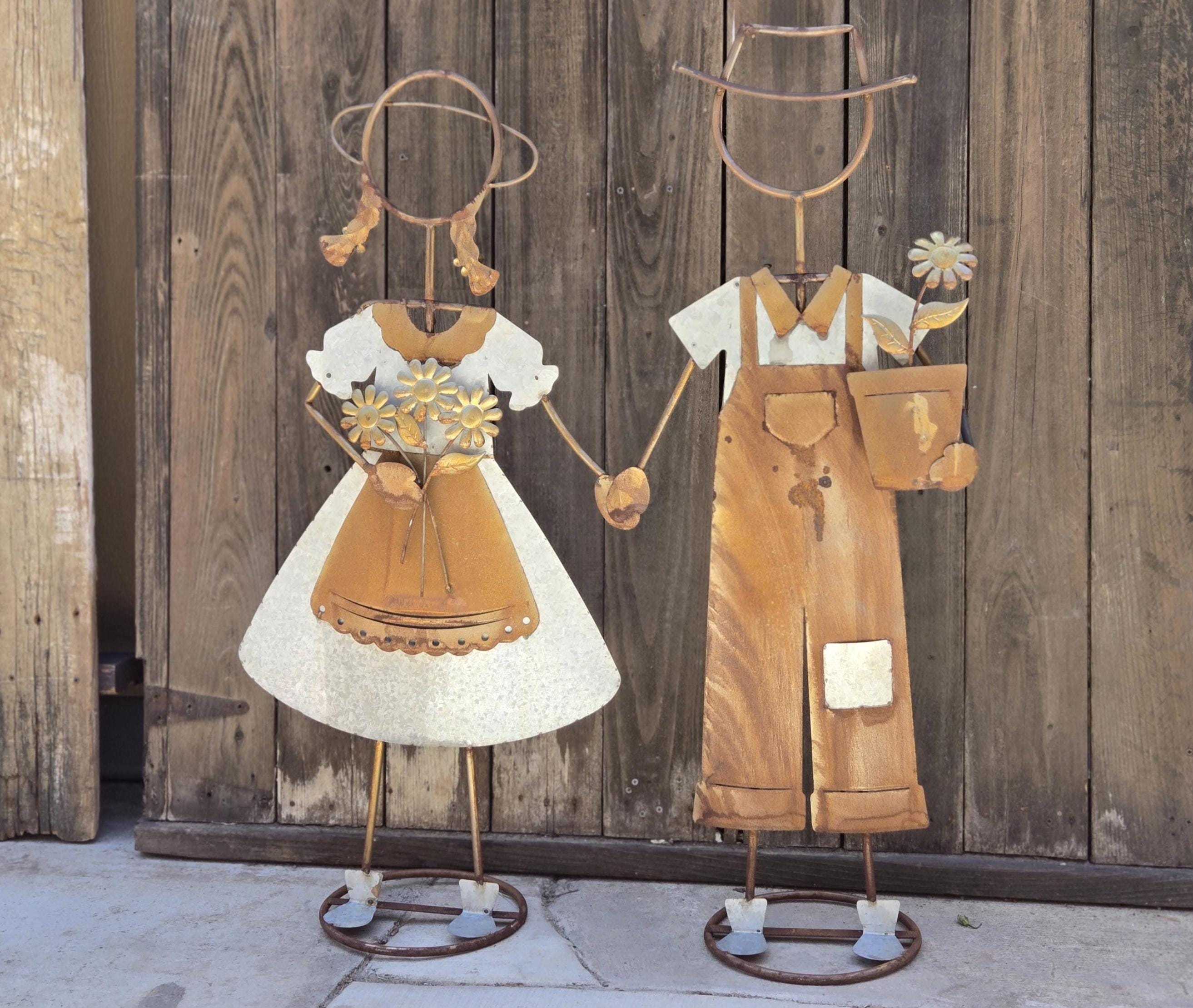 39" H Rustic Metal Garden Statues: Handcrafted Boy & Girl Sculpture Set