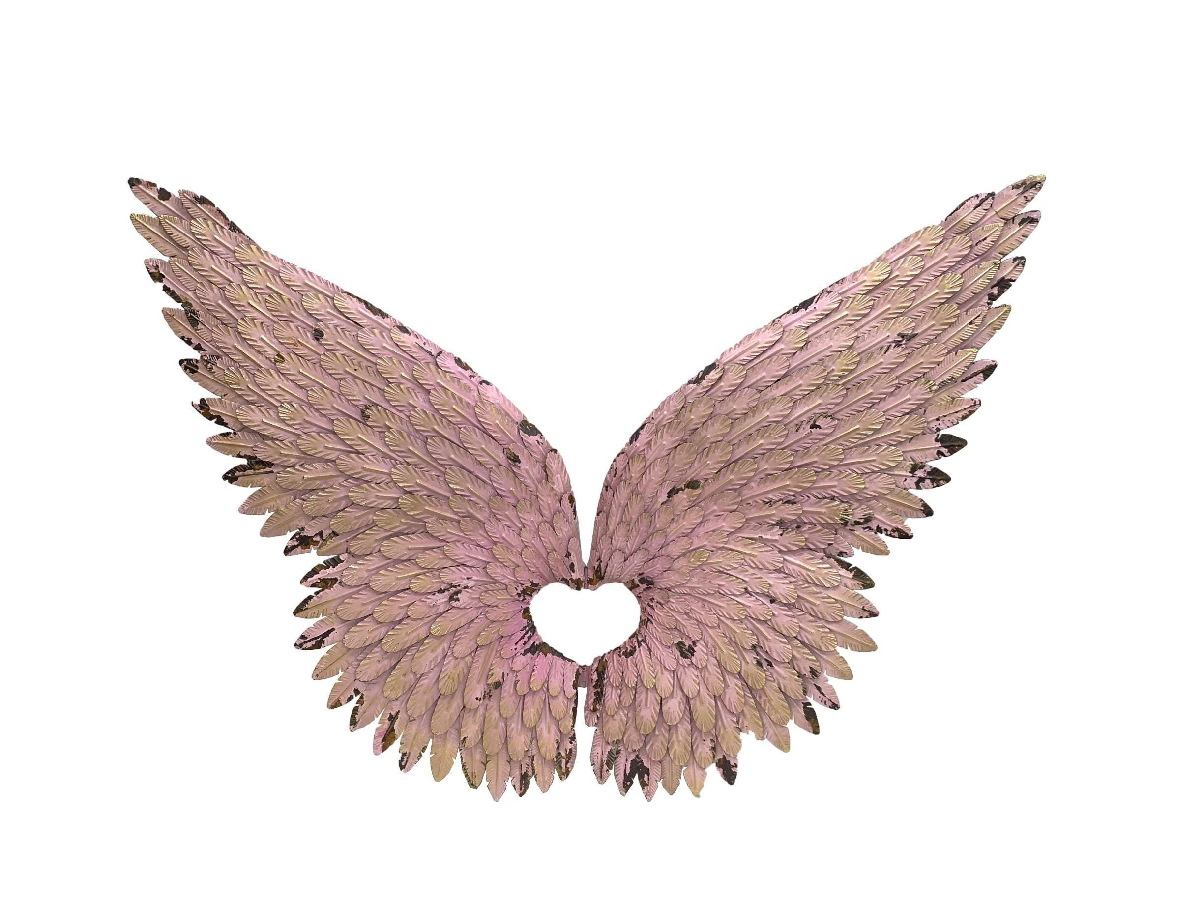 Pink Angel Wings Metal Wall Decor – Distressed Feather Sculpture for Garden Room