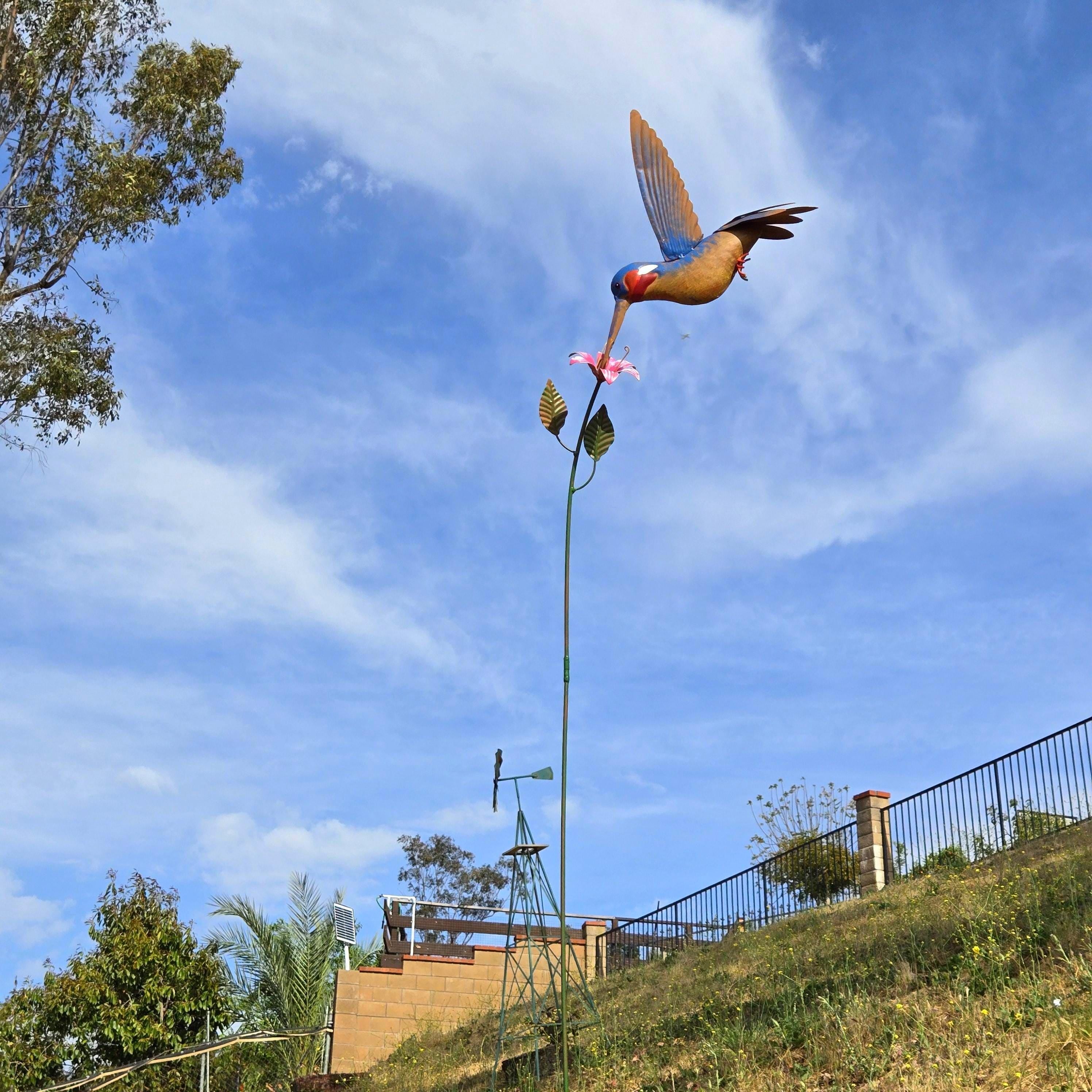 Kinetic Hummingbird Garden Art: 88" Hand-Painted Metal Sculpture
