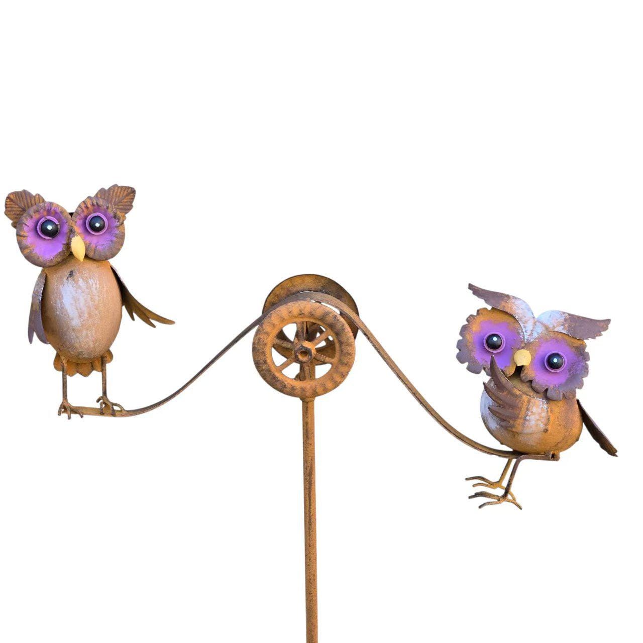 Rustic Metal Owl Wind Spinner: Double Owls Balancing Rocker Yard Stake Garden Art