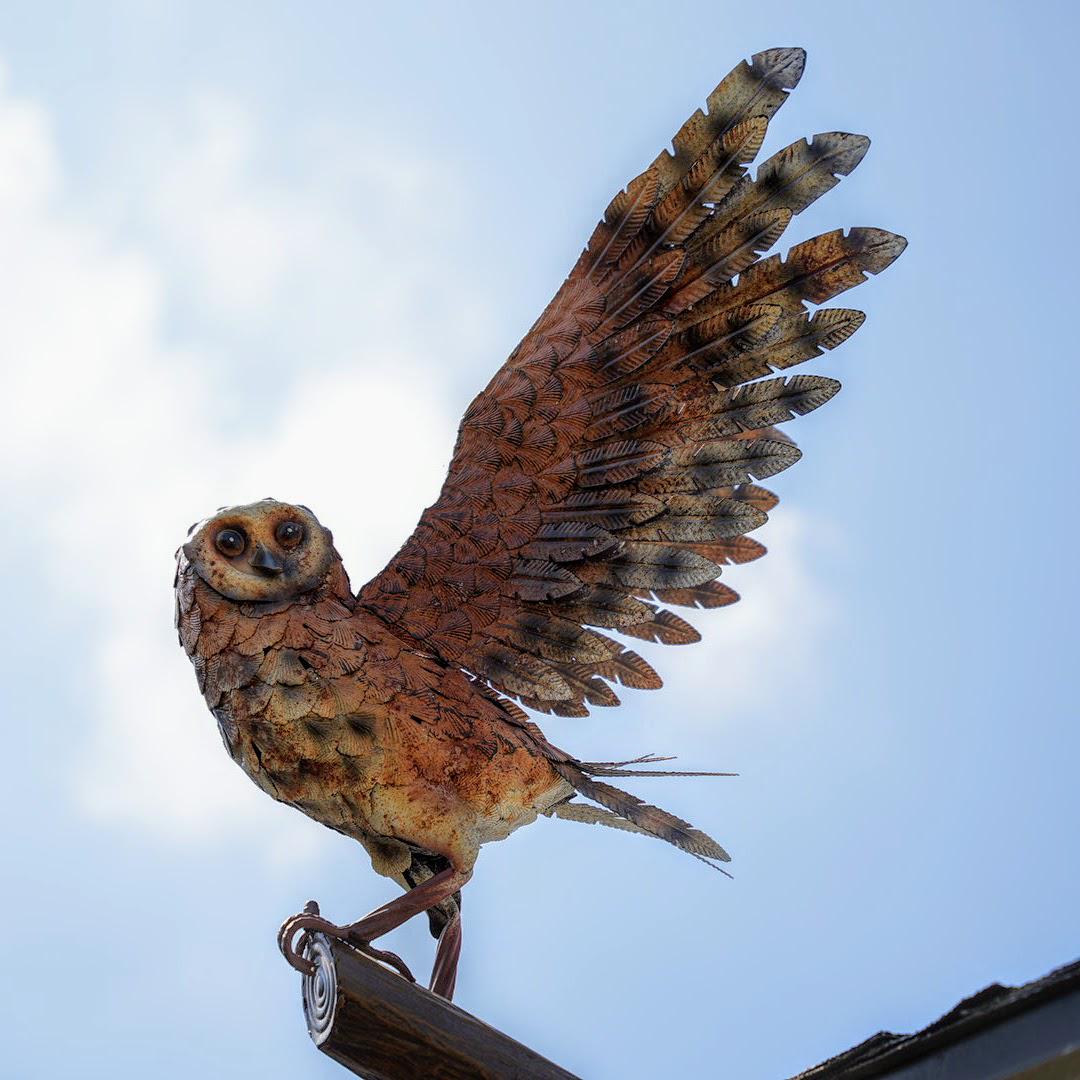 Rustic style, metal, 3D owl with outstretched wings, garden decoration, housewarming gift.