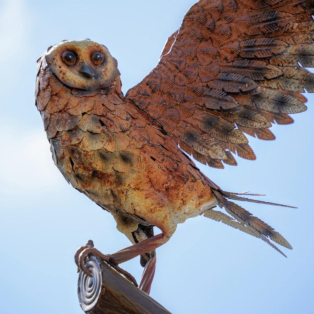 Rustic style, metal, 3D owl with outstretched wings, garden decoration, housewarming gift.