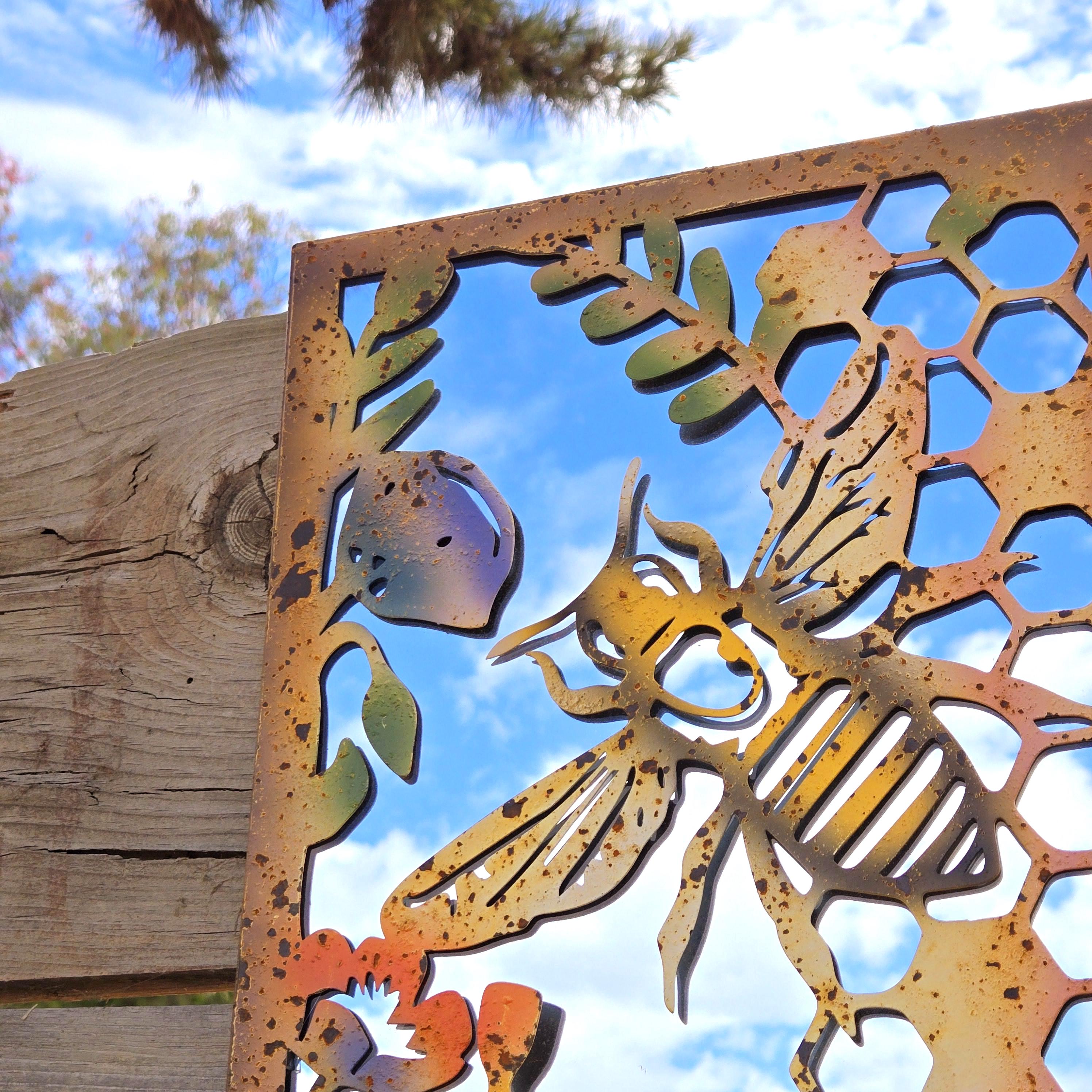 Rustic Metal Bee Garden Mirror Wall Decor: Patina Finish, Handcrafted Iron Art