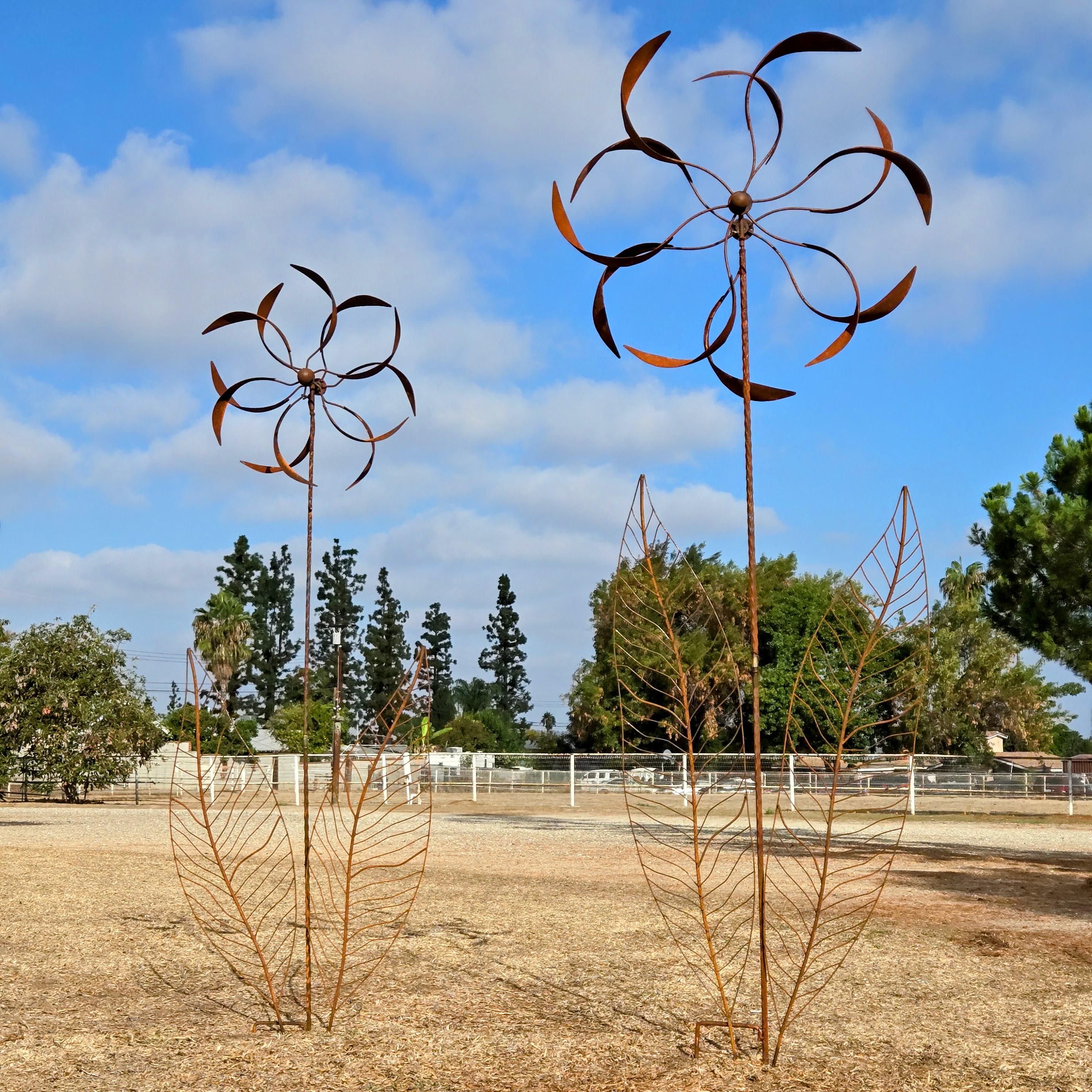 70“H Rustic Metal Wind Spinner: Kinetic Garden Art, Patio Decor