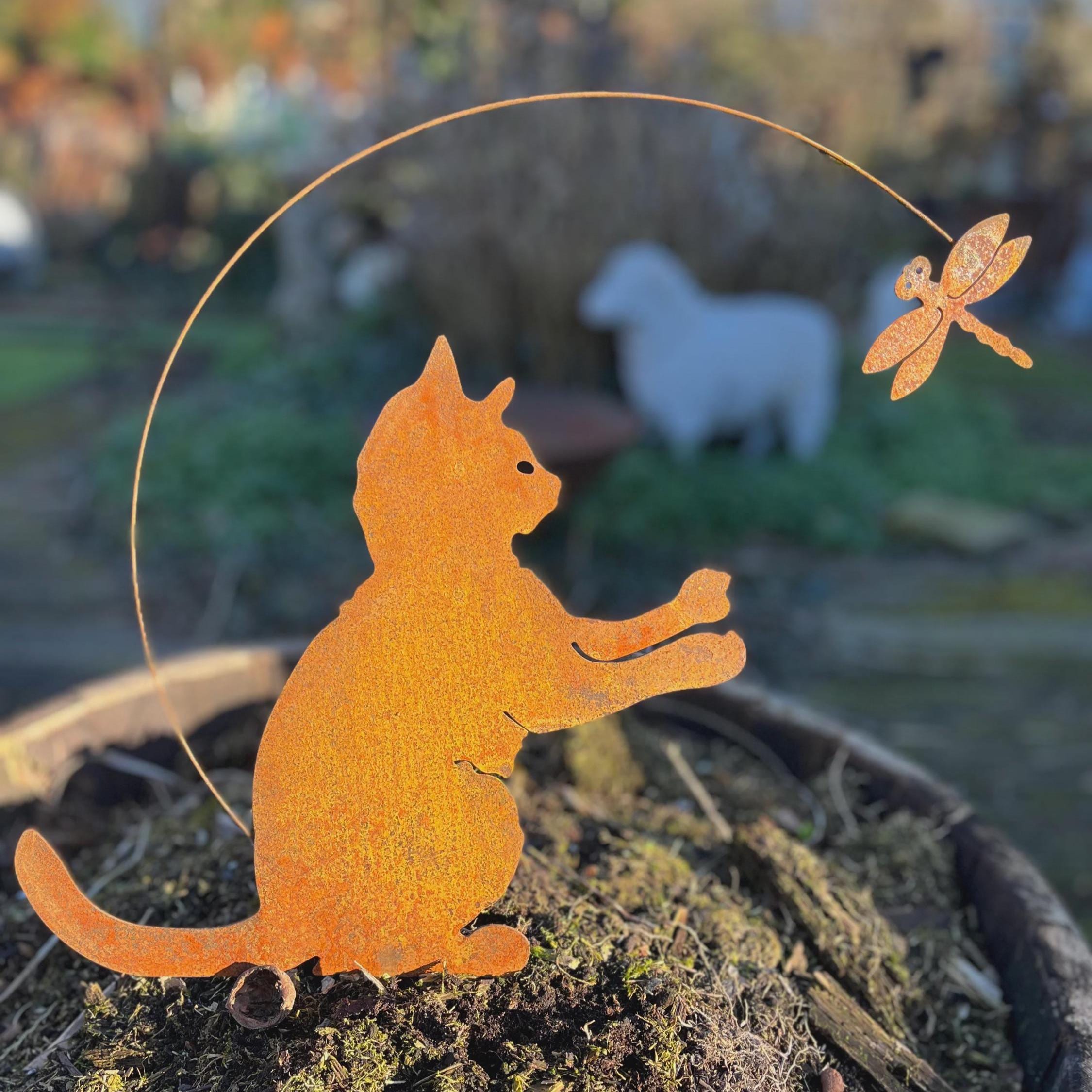 Rustic Metal Cat and Dragonfly Garden Stake - Whimsical Yard Art