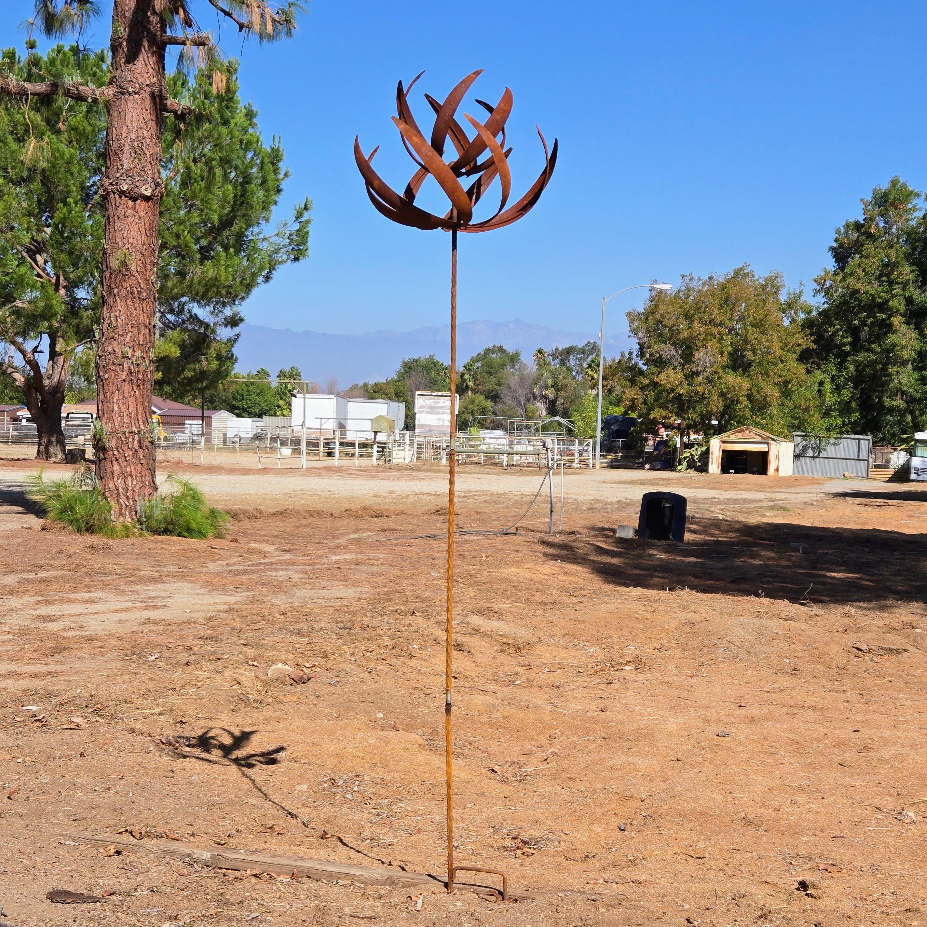 Handmade 87" Rusty Iron Lotus Wind Spinner - Weathered Garden Art