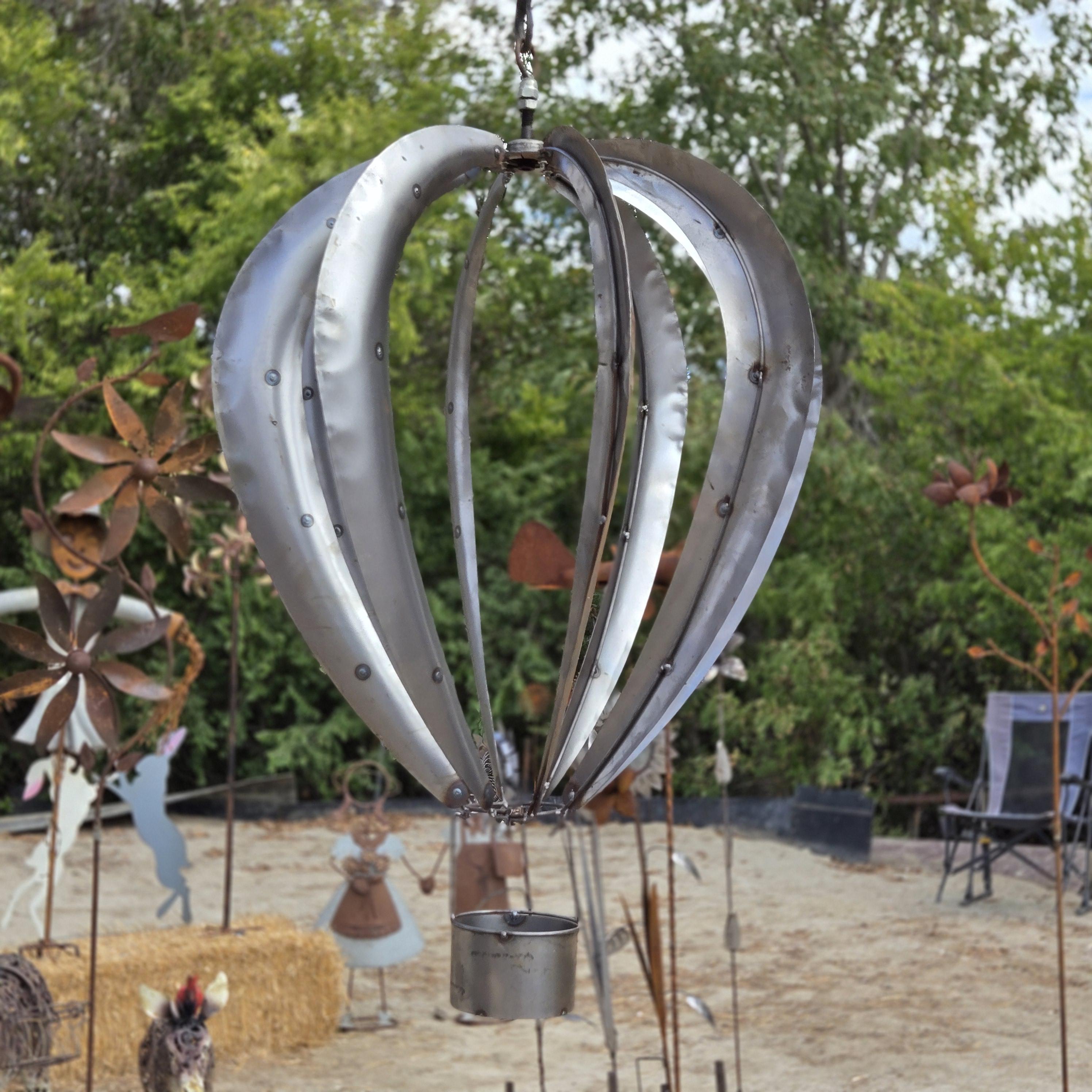 Big Rusty Metal Hot Air Balloon Wind Spinner: Hanging Garden Sculpture
