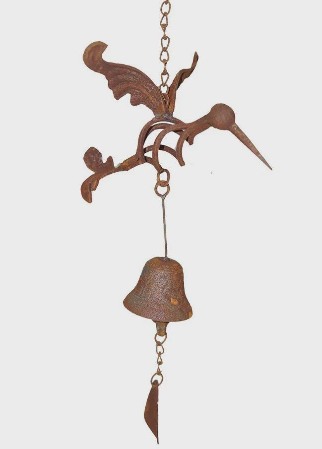 Rustic Cast Iron Hummingbird Wind Chime – Vintage Rust Finish Hanging Bell Garden Ornament