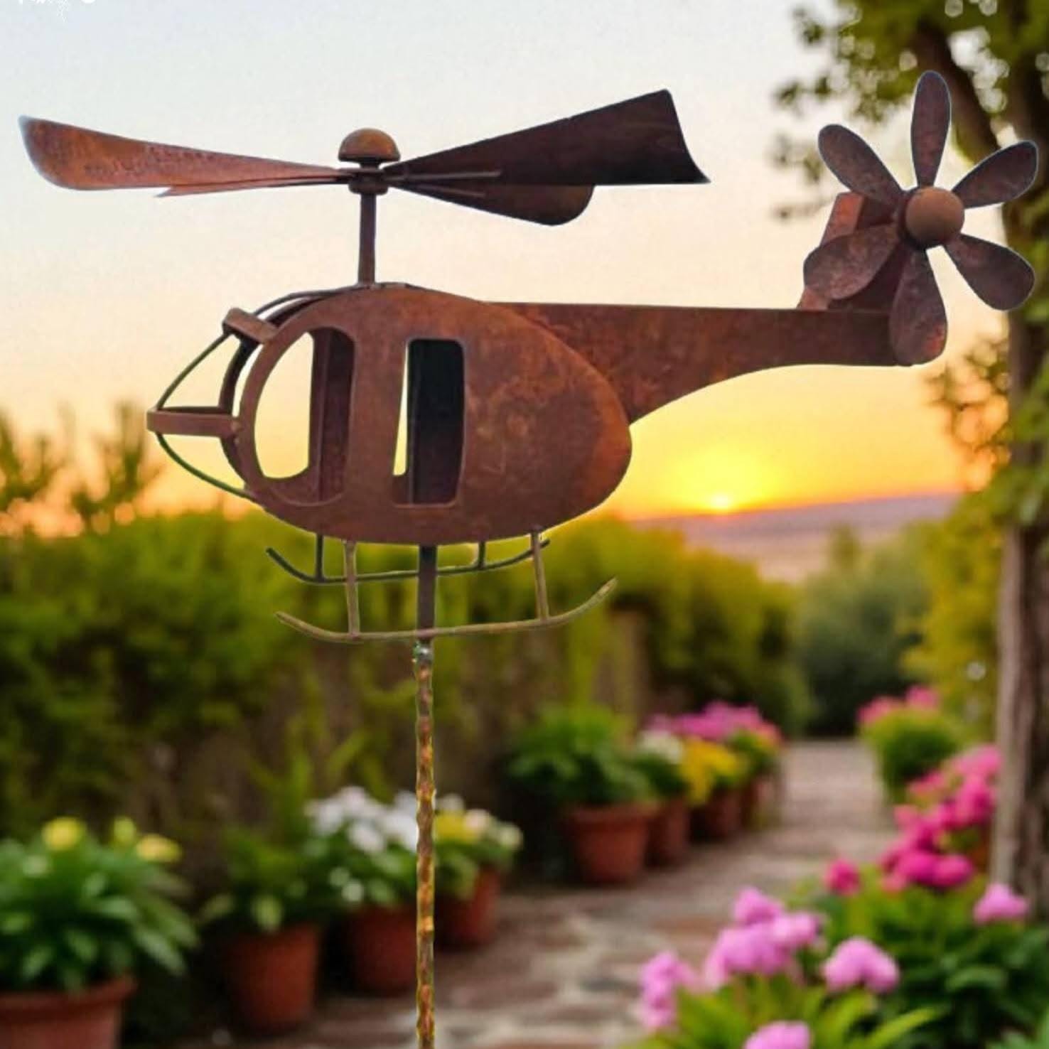 Handmade Rusty Iron Helicopter Wind Spinner: Aviation Garden Art