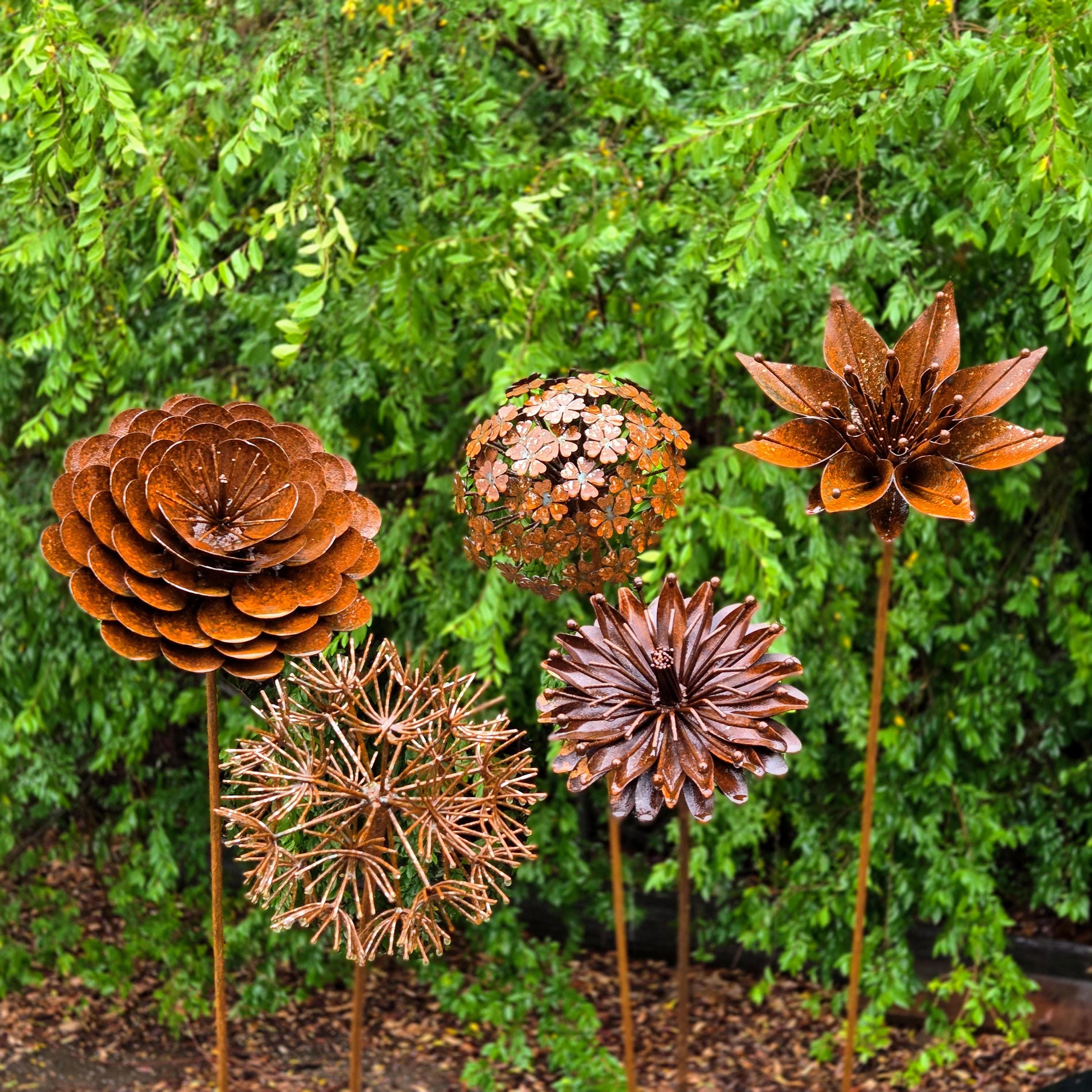 Rusted Metal Flower Garden Art Stakes, Handcrafted Yard Decor