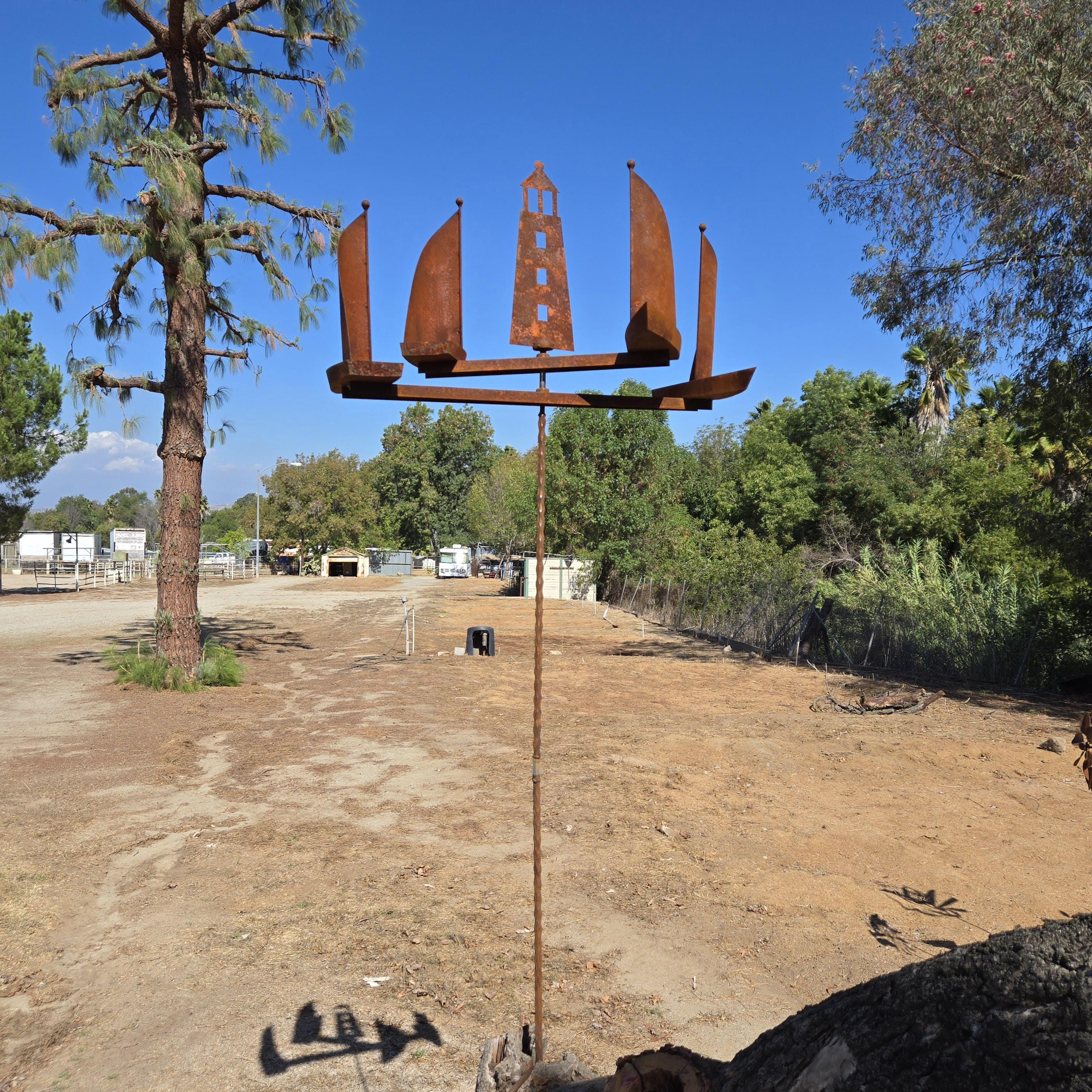 Metal Garden Rusty Large Lighthouse & Sailboats Wind Spinner – Sailboat Stake Ornament