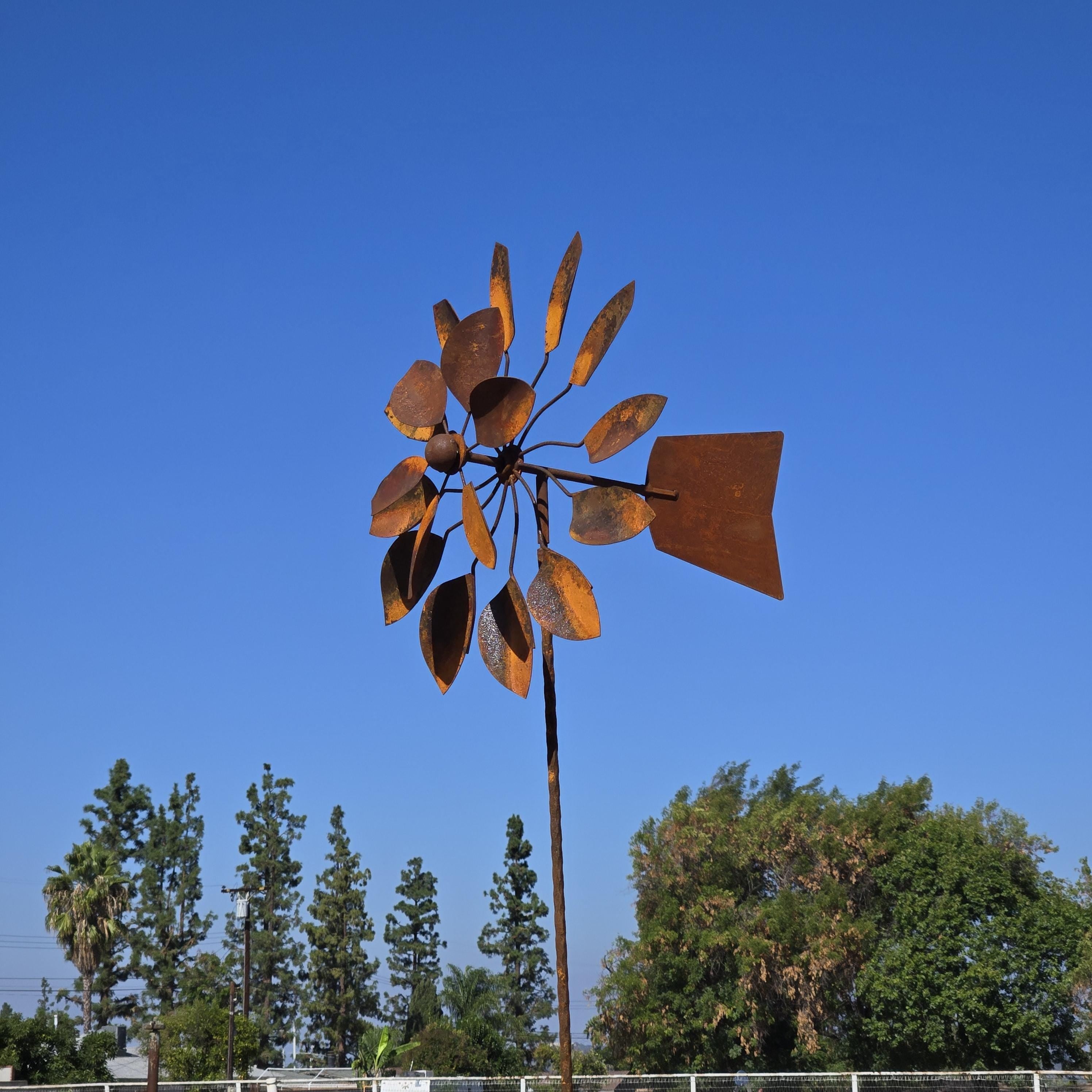 Handmade Rusty Iron Flower Wind Spinner: Farmhouse Garden Decor (82"H)