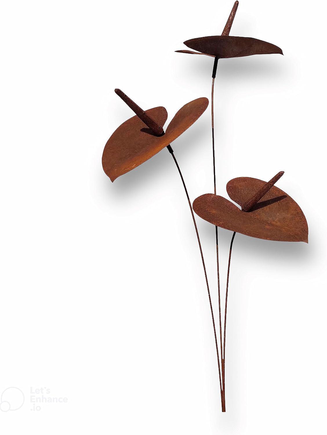 Rusty Metal Anthurium Garden Stake - Weatherproof Flamingo Flower Sculpture