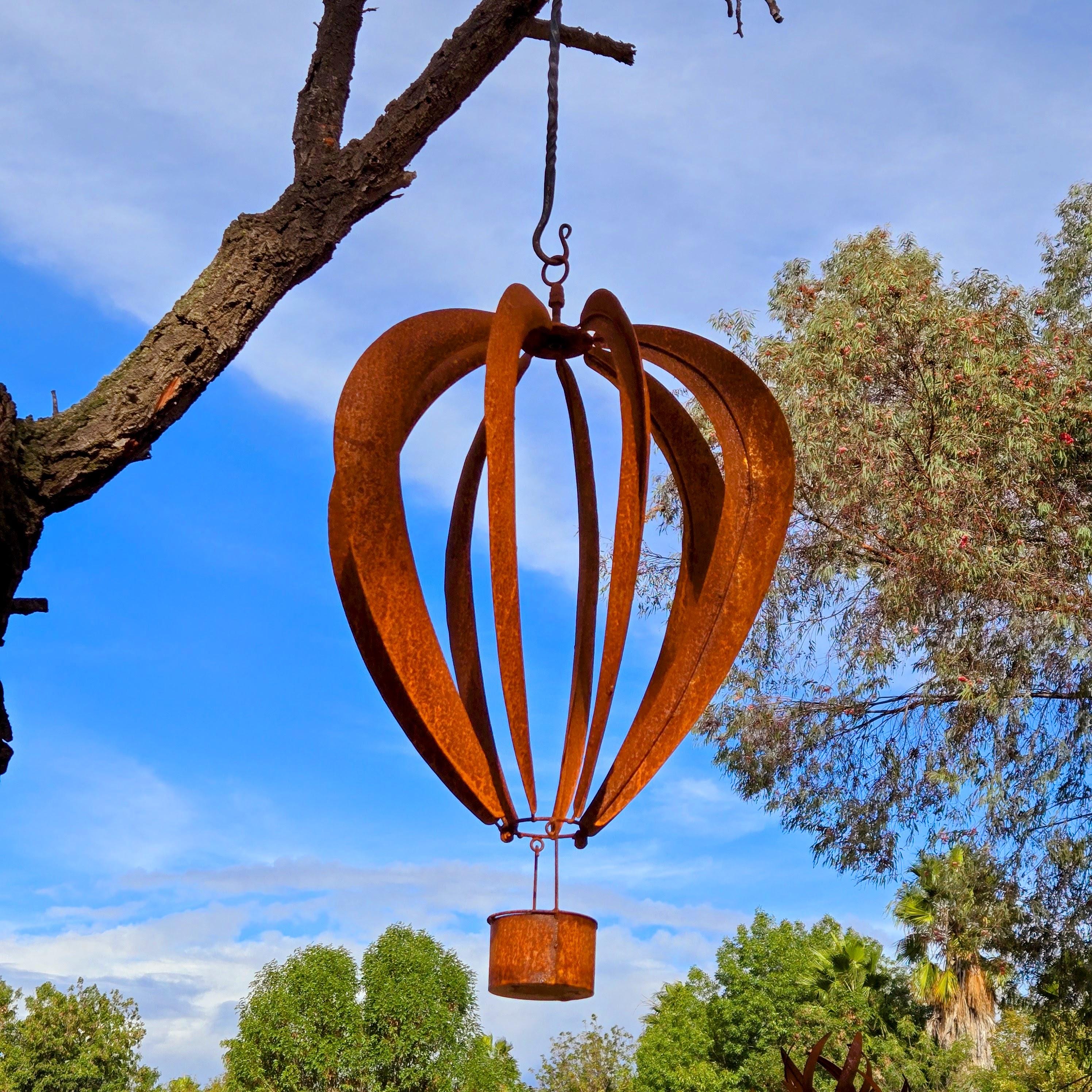 Big Rusty Metal Hot Air Balloon Wind Spinner: Hanging Garden Sculpture