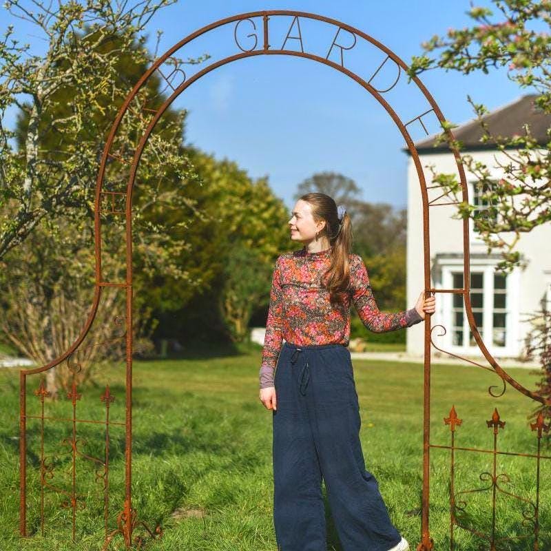 Rustic Metal Garden Arbor – Vintage Iron Gate, Scrollwork Details