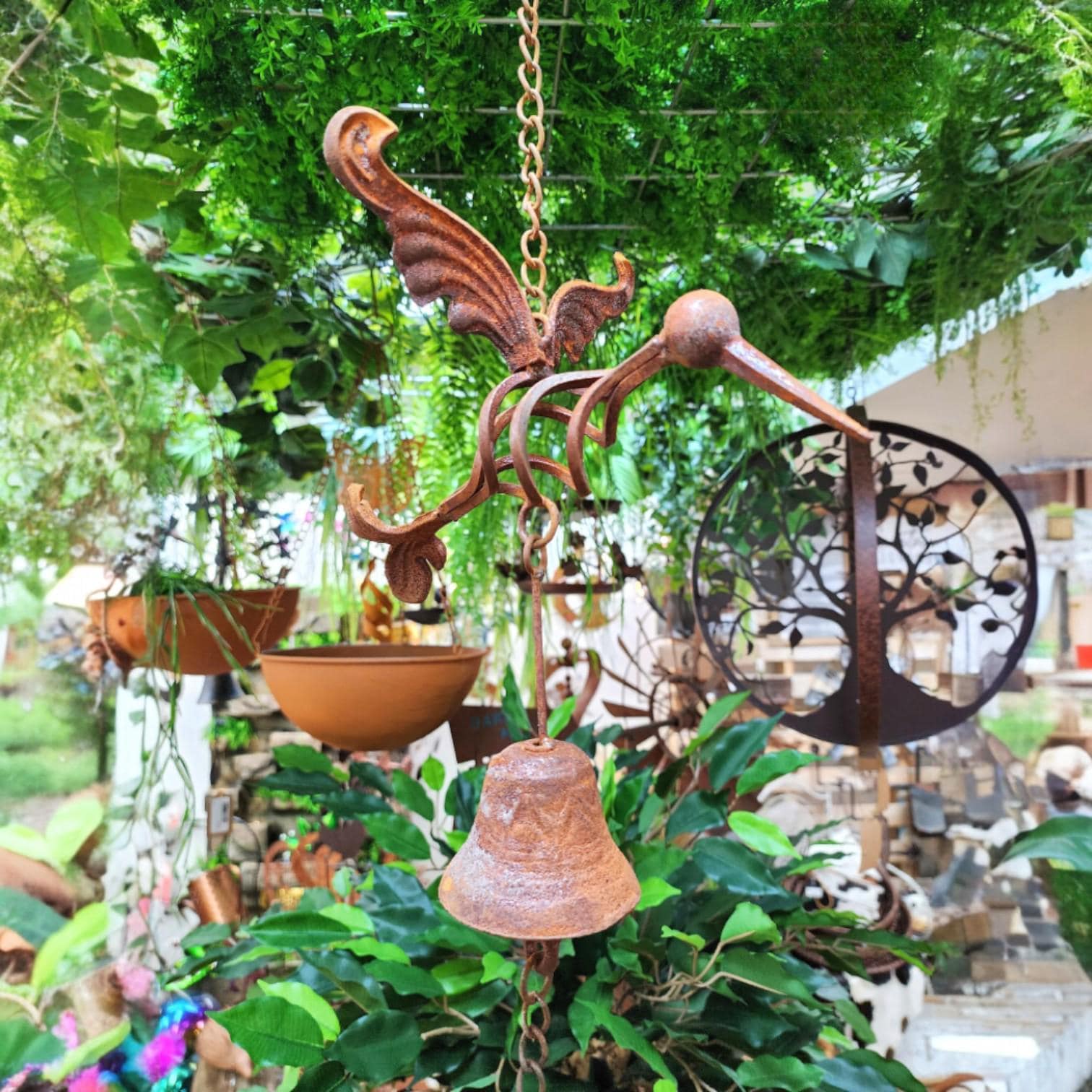 Rustic Cast Iron Hummingbird Wind Chime – Vintage Rust Finish Hanging Bell Garden Ornament