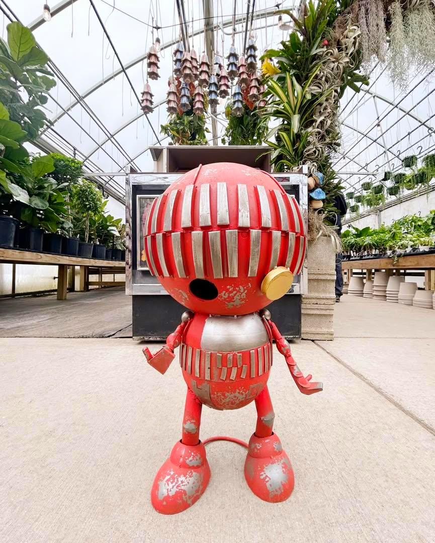 Red Metal Robot Sculpture – Rustic Industrial Garden Art, Handmade