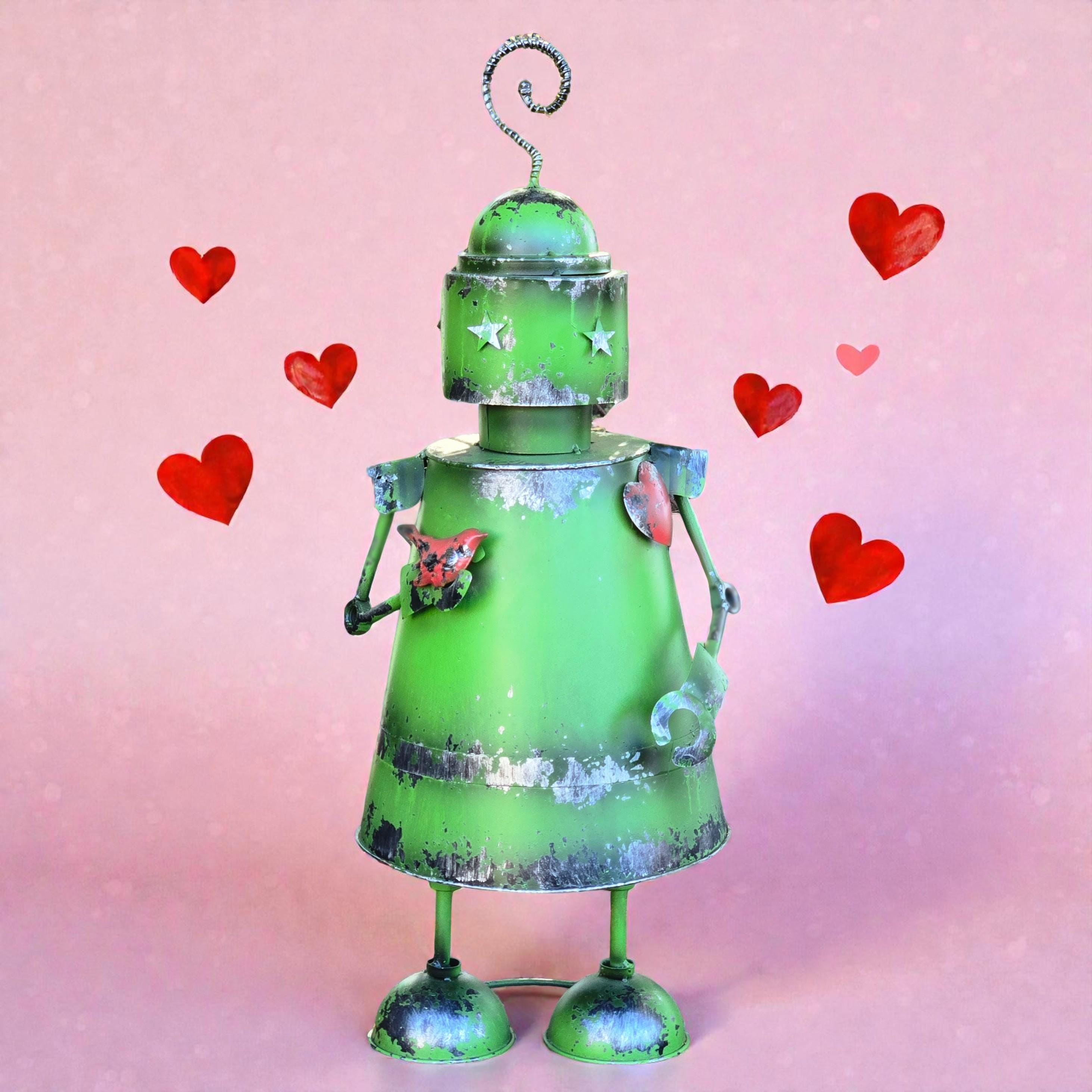 Green Metal Robot Garden Decor – Valentine’s Day Garden Gift, Rustic Outdoor Yard Art