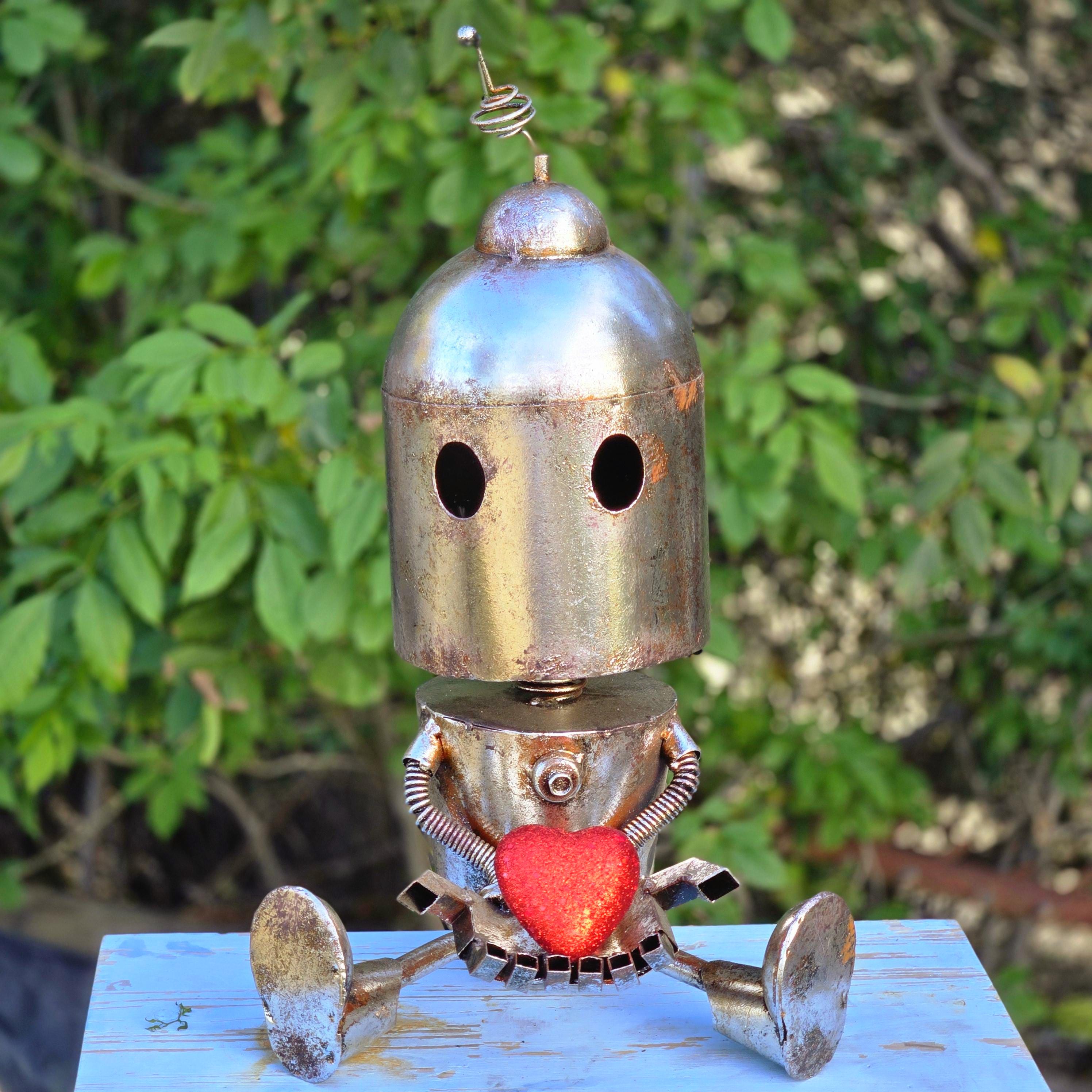 Handmade Metal Robot Sculpture – Rustic Valentine's Day Garden Art
