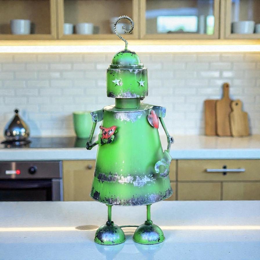 Green Metal Robot Garden Decor – Valentine’s Day Garden Gift, Rustic Outdoor Yard Art