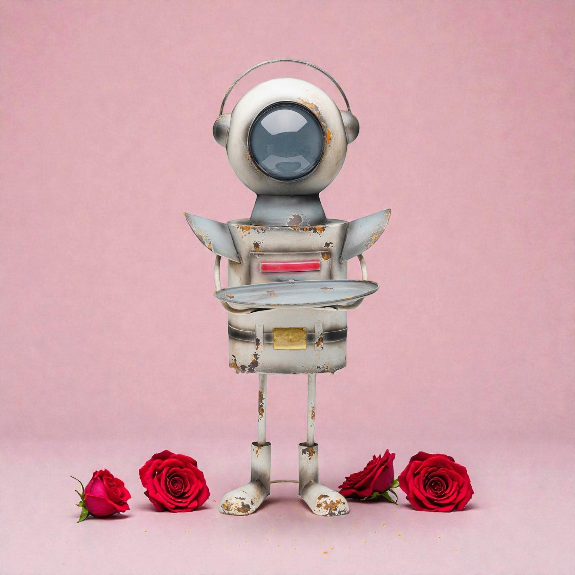 Solar Robot Garden Statue – Retro Metal Cyclops with Tray