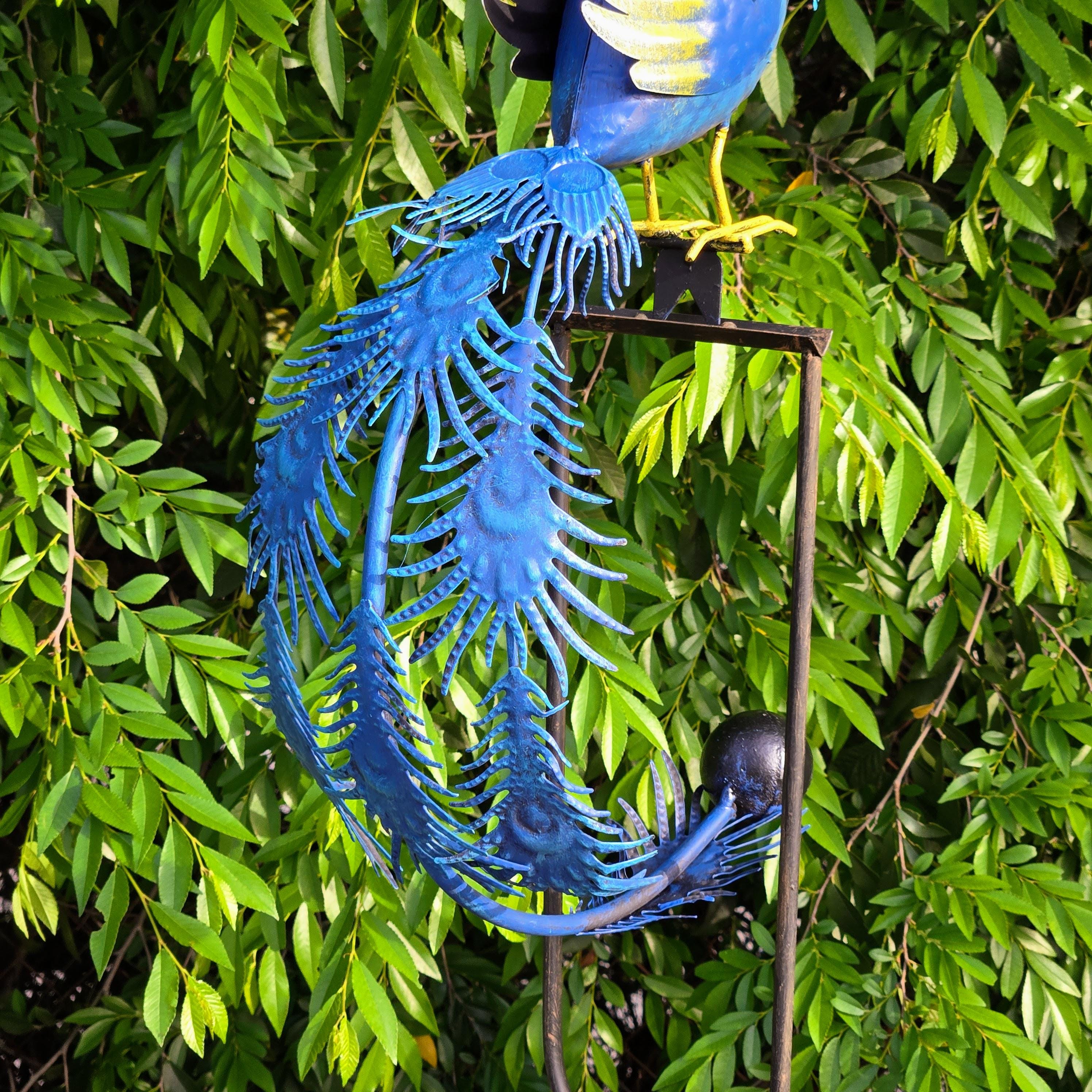 Kinetic Metal Peacock Garden Stake – Rustic Balancing Yard Art, Blue Outdoor Farmhouse Lawn Decor