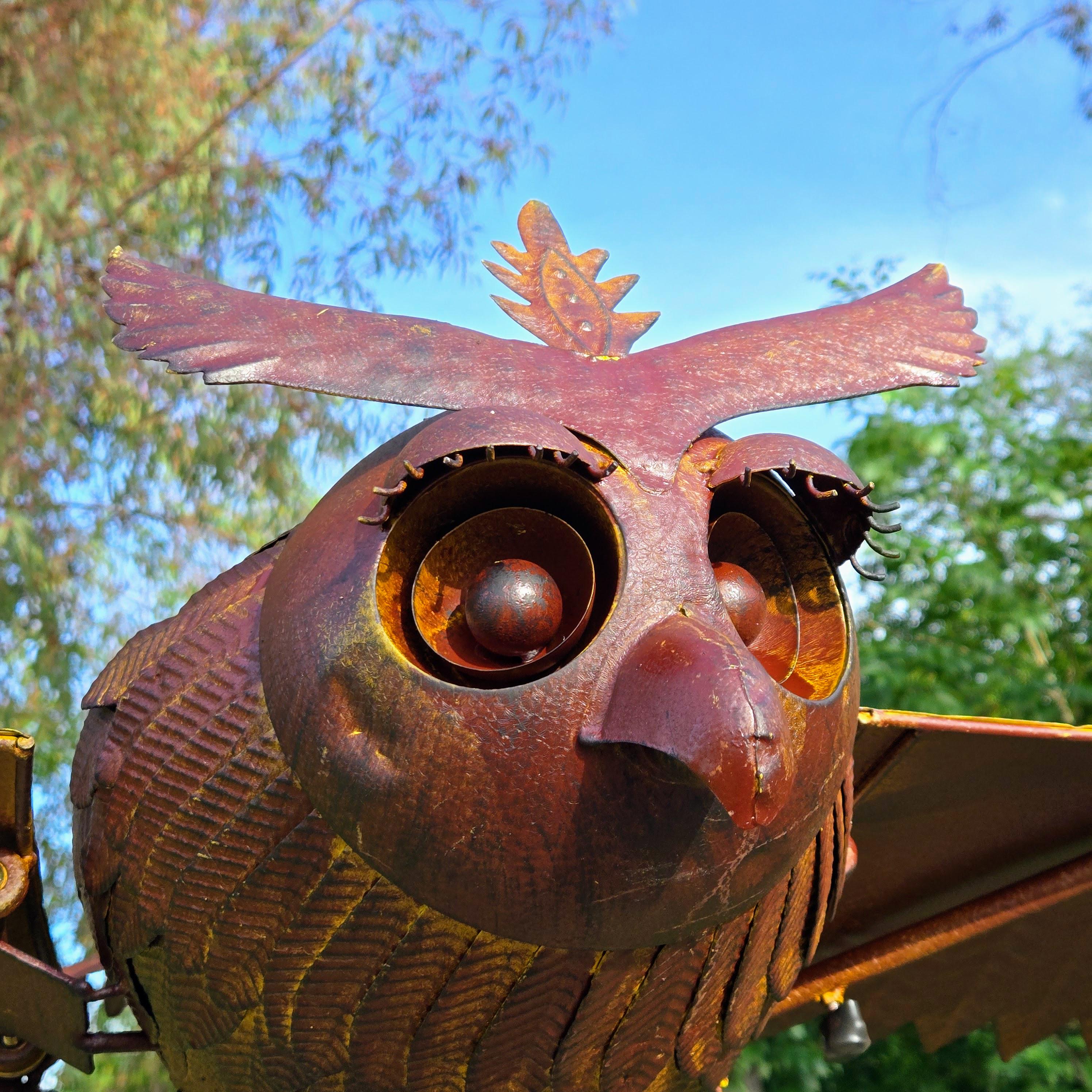 Large Kinetic Metal Owl Sculpture – Rustic Outdoor Garden Art, Balancing Farmhouse Porch Decor