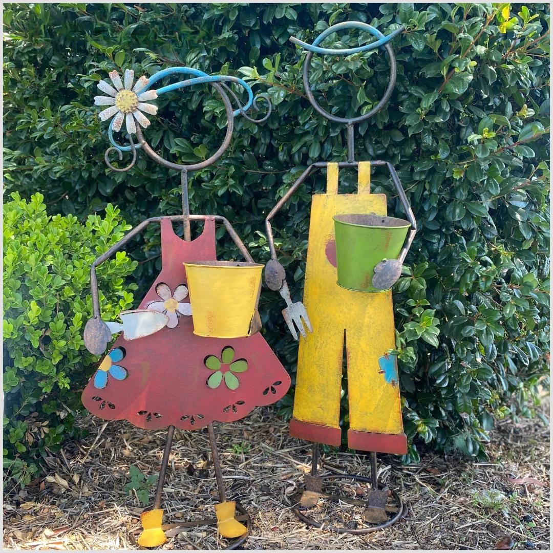 32"H Rustic Metal Garden Statues: Handcrafted Boy & Girl Sculpture Set
