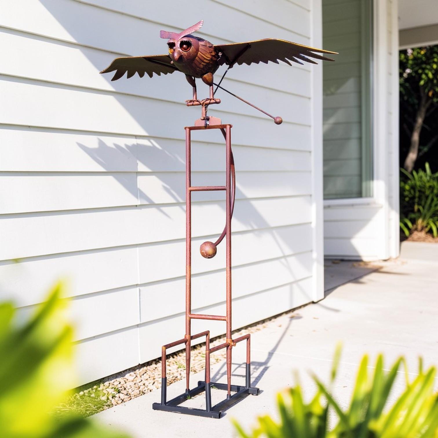 Large Kinetic Metal Owl Sculpture – Rustic Outdoor Garden Art, Balancing Farmhouse Porch Decor