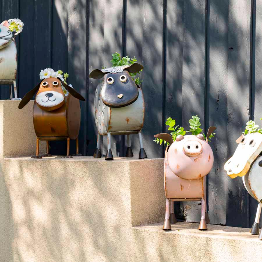 Metal Farm Animal Planters – Rustic Farmhouse Garden Decor Cow Pig Sheep Dog Cat
