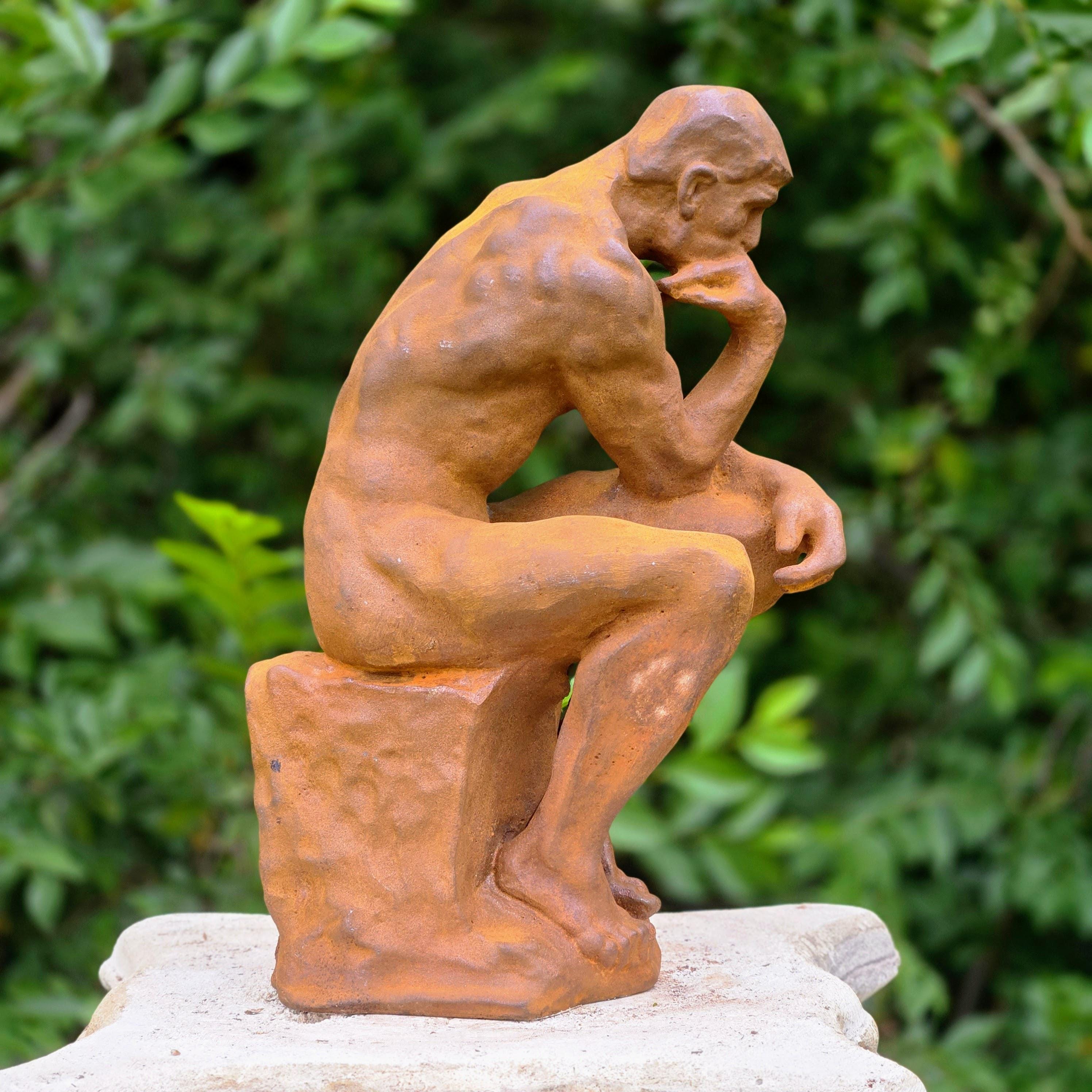 Cast Iron Thinker Sculpture – Rustic Garden Statue, Vintage Art Figurine