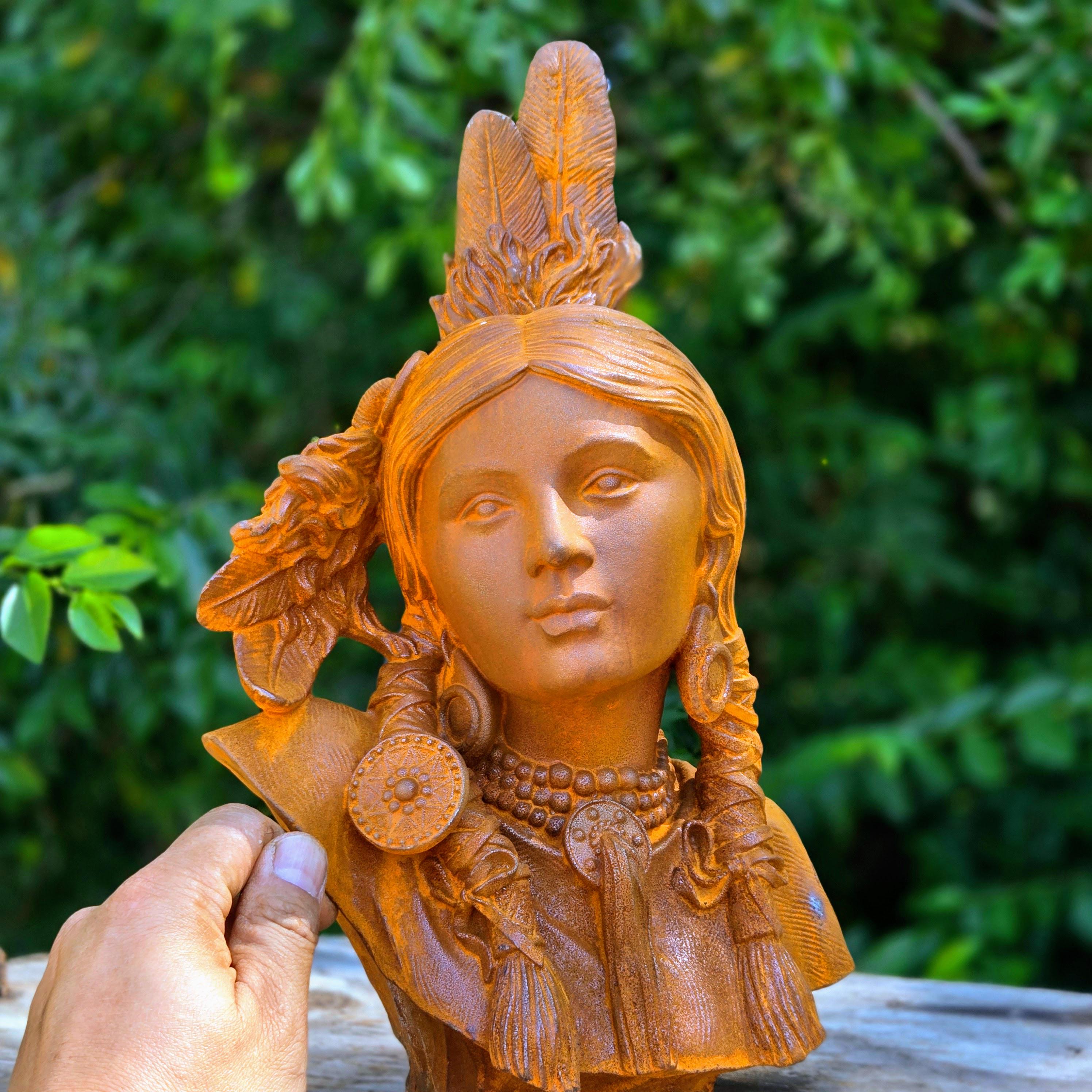 Cast Iron Native American Woman Bust Statue – Rustic Vintage Garden Sculpture Outdoor Yard Art