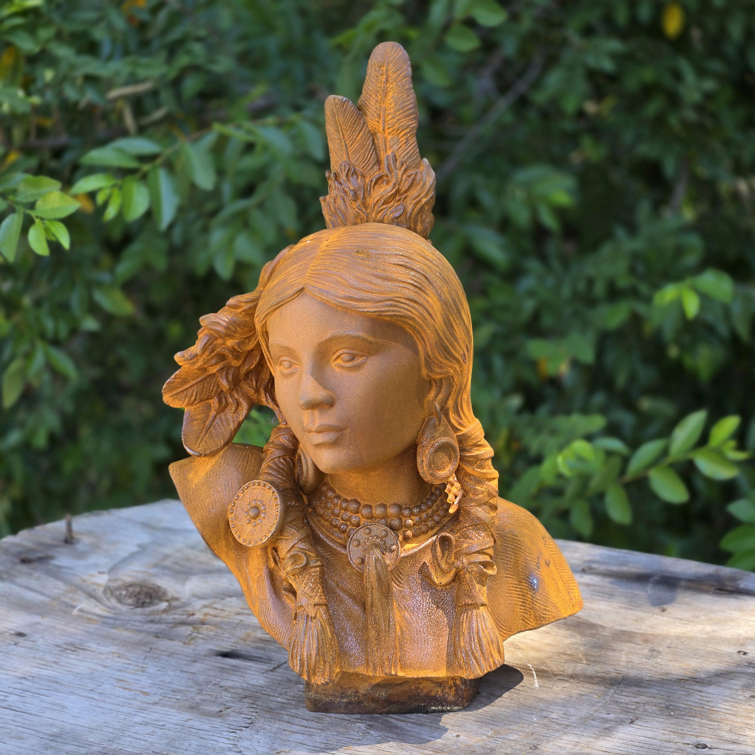 Cast Iron Native American Woman Bust Statue – Rustic Vintage Garden Sculpture Outdoor Yard Art