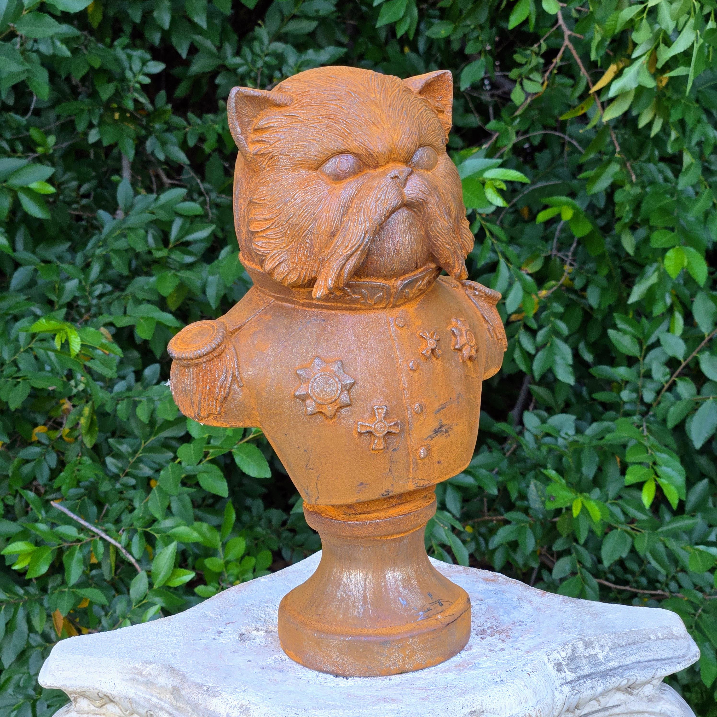 Cast Iron Cat General Bust – Rustic Military Animal Sculpture, Garden Decor
