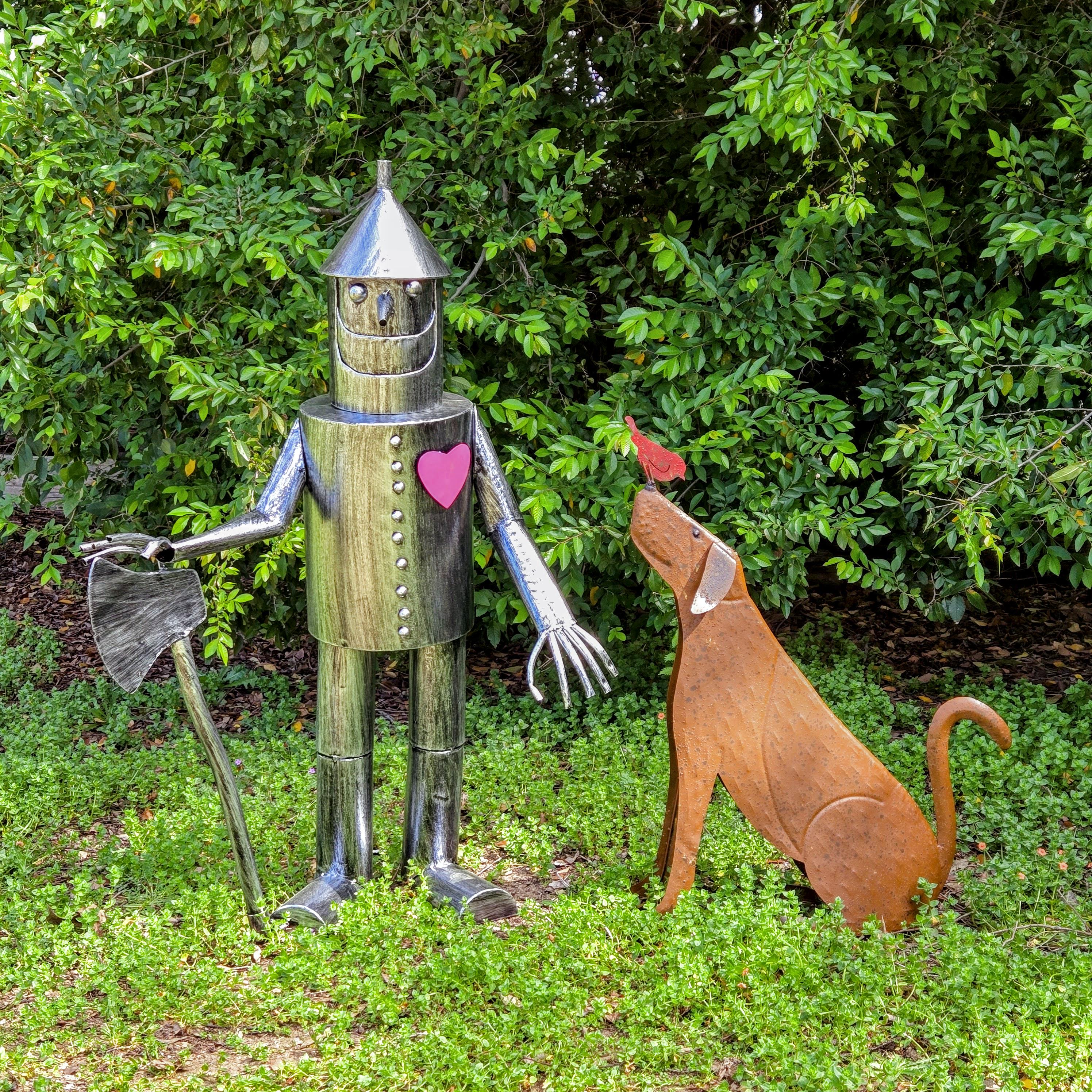 Metal Dog Sculpture with Bird – Rustic Garden Yard Art, Farmhouse Patio Decor