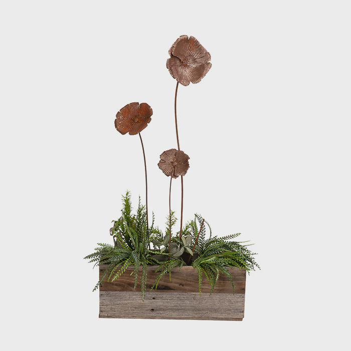 Set of 3 Rustic Metal Poppy Garden Stakes – Yard Art, Weathered Steel Lawn Decor