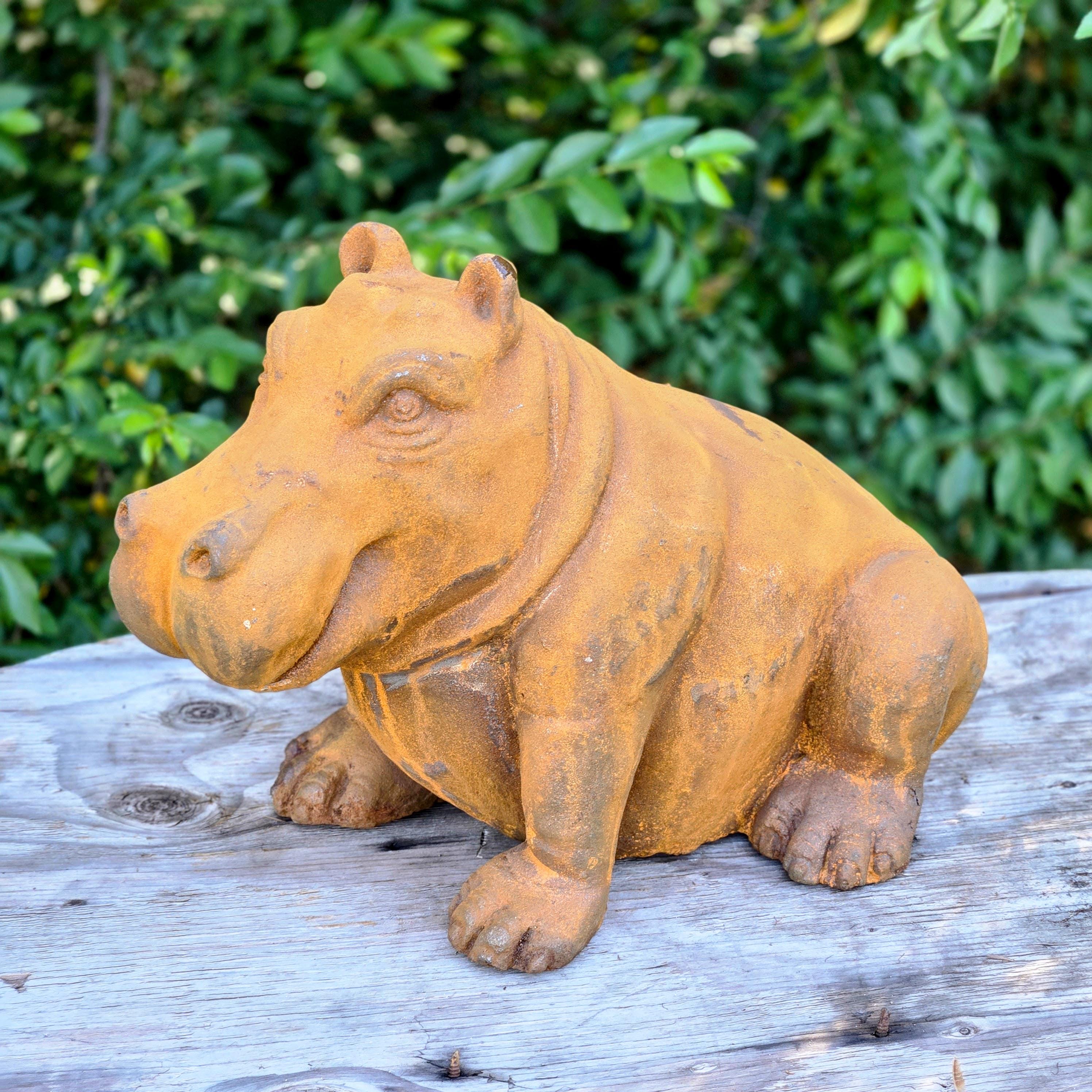 Cast Iron Hippo Garden Statue – Rustic Animal Sculpture, Farmhouse Lawn Ornament