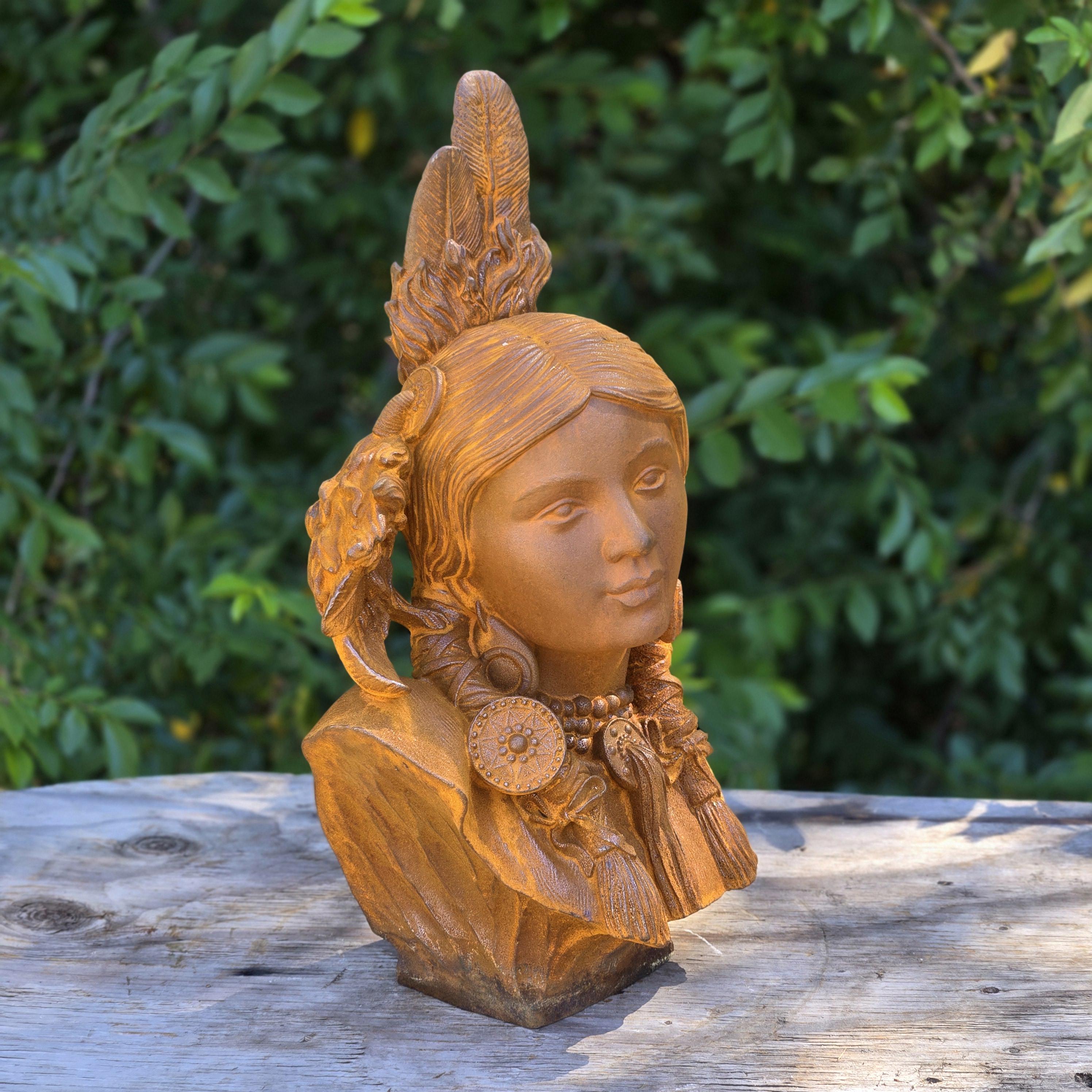 Cast Iron Native American Woman Bust Statue – Rustic Vintage Garden Sculpture Outdoor Yard Art