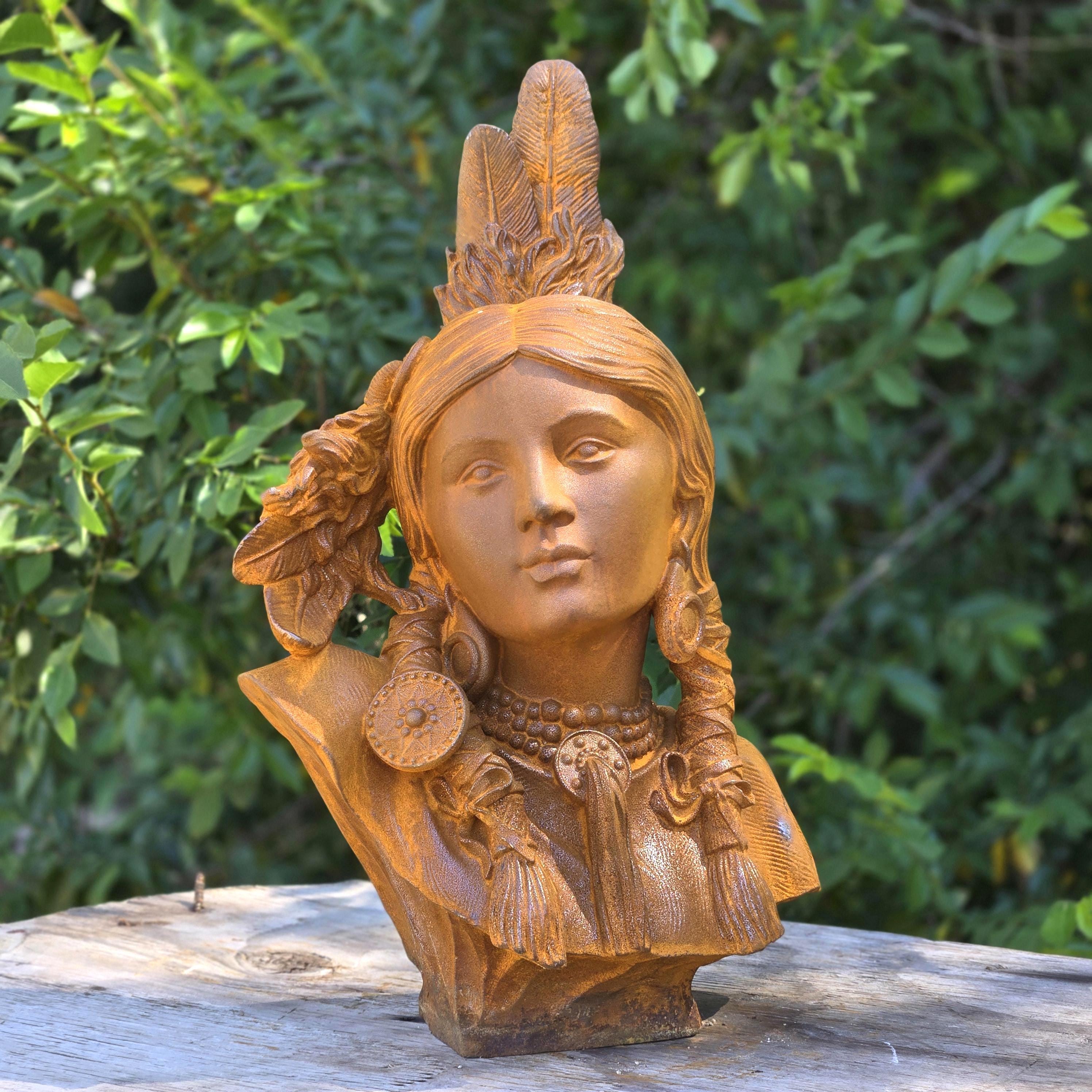 Cast Iron Native American Woman Bust Statue – Rustic Vintage Garden Sculpture Outdoor Yard Art