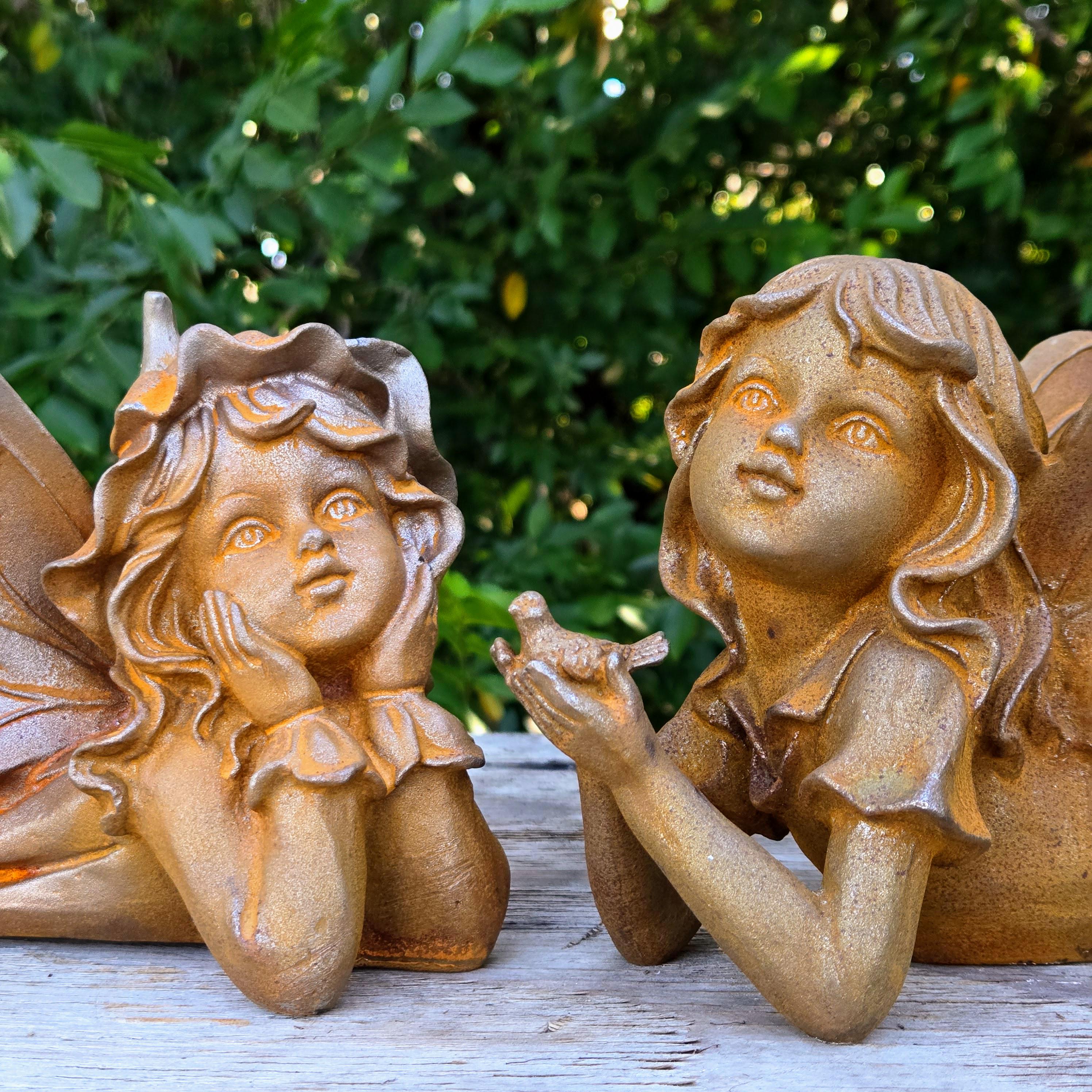 Cast Iron Fairy Statues Set – Rustic Vintage Angel Garden Yard Art (Set of 2)
