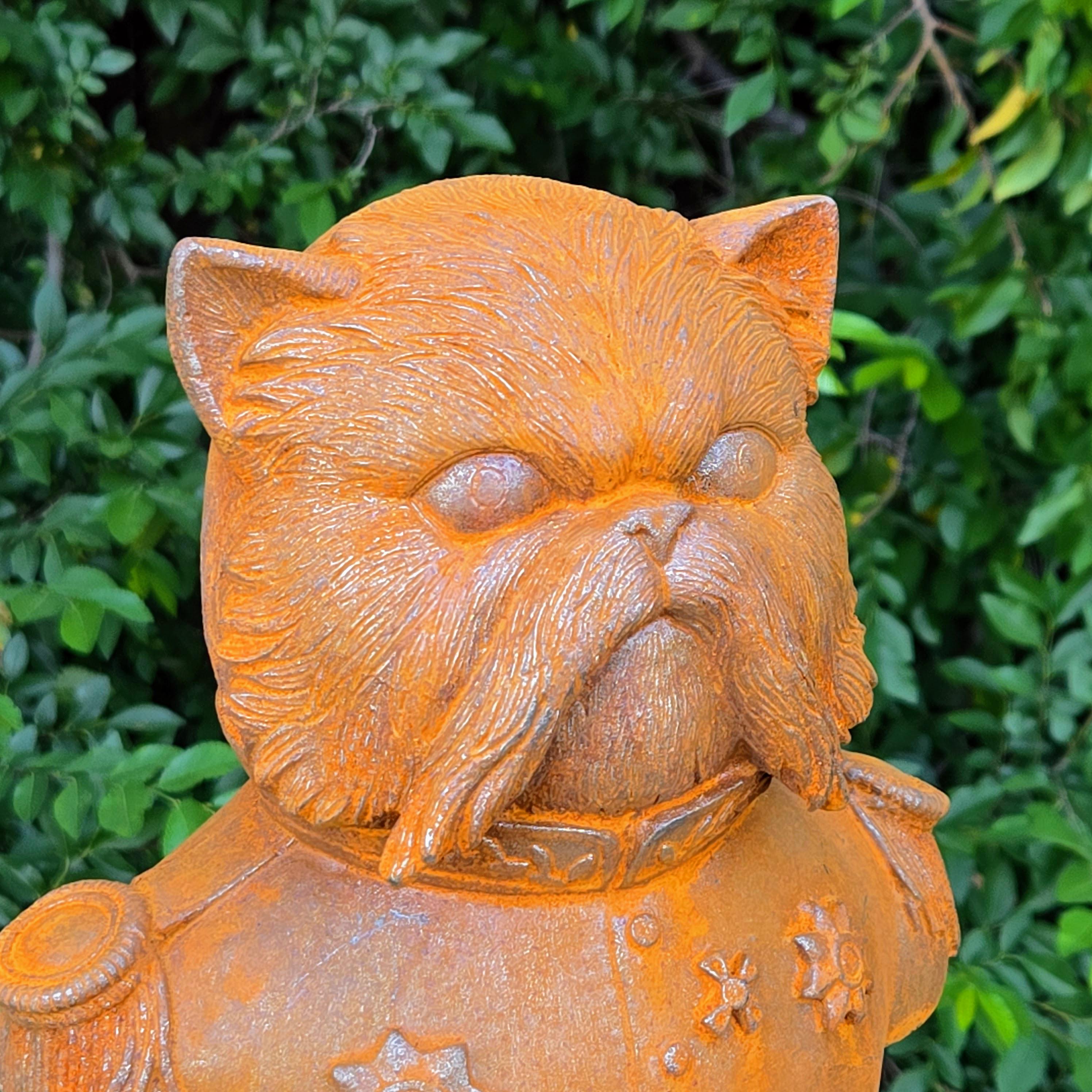 Cast Iron Cat General Bust – Rustic Military Animal Sculpture, Garden Decor