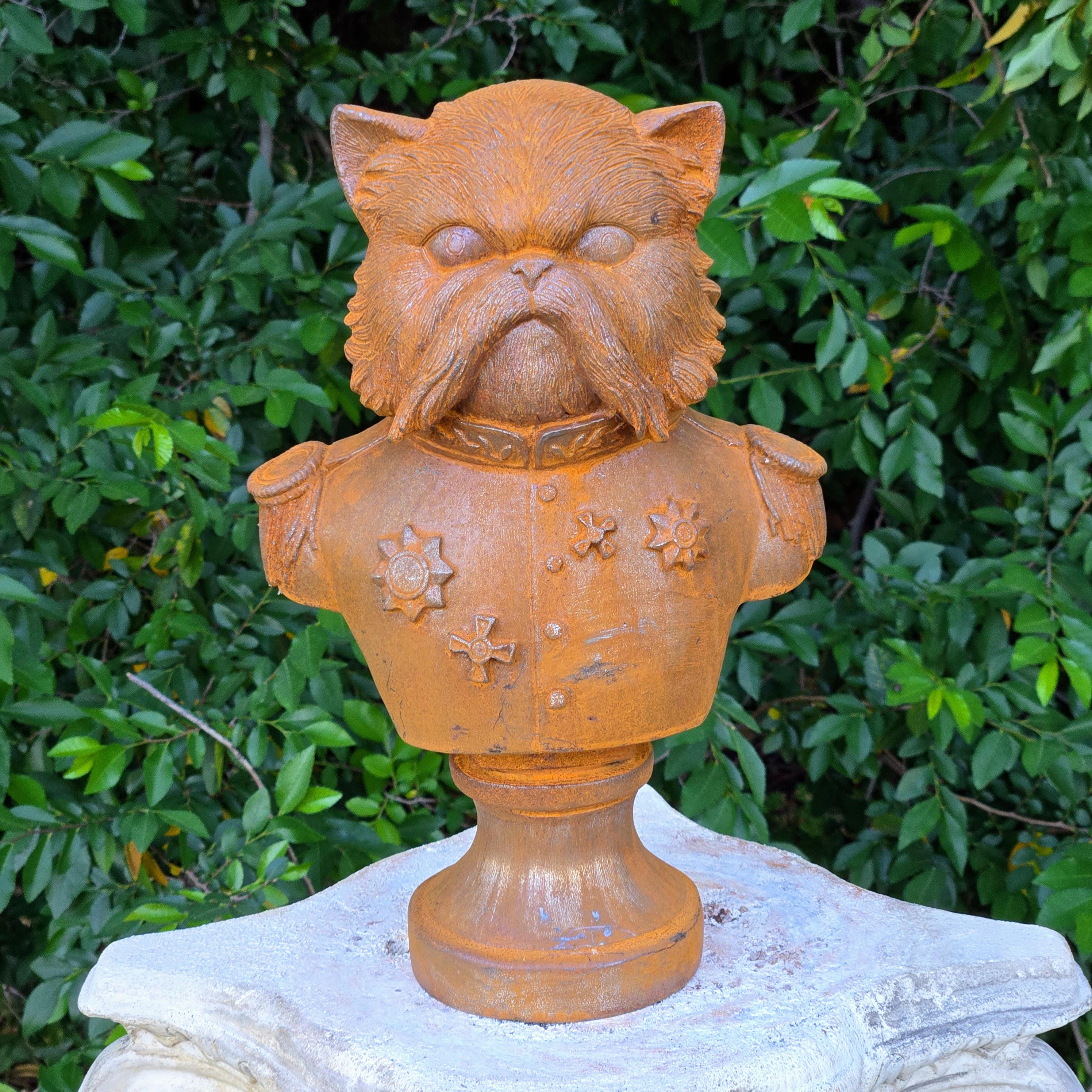 Cast Iron Cat General Bust – Rustic Military Animal Sculpture, Garden Decor
