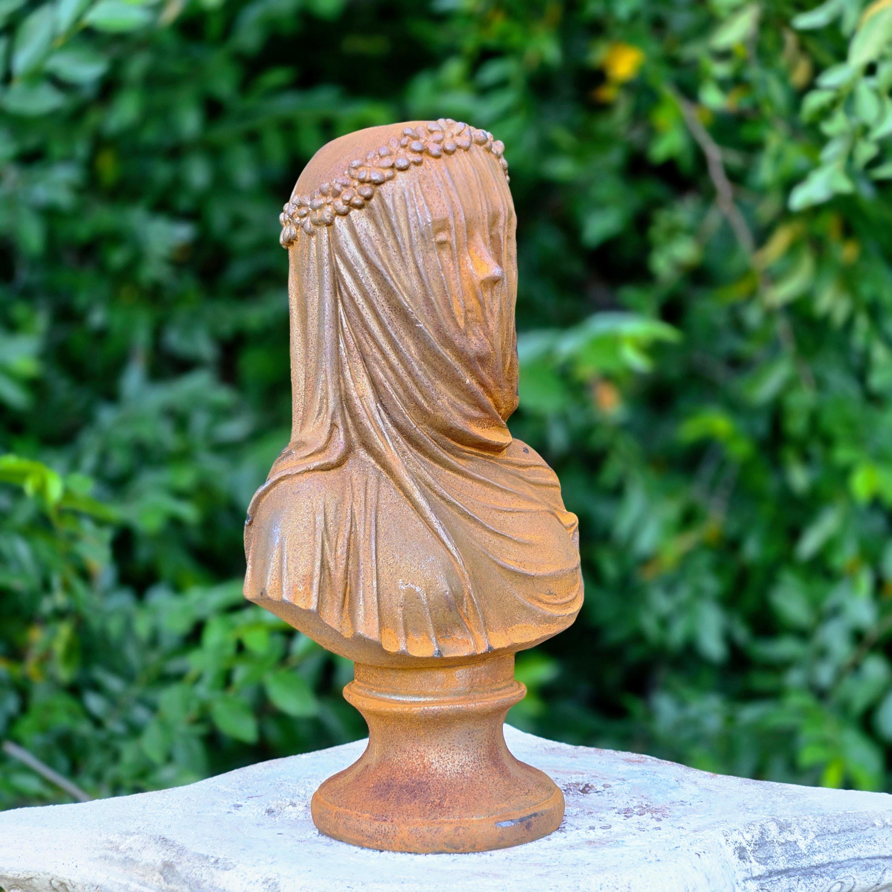 Cast Iron Veiled Lady Bust – Rustic Gothic Sculpture Garden Decor Mysterious Art
