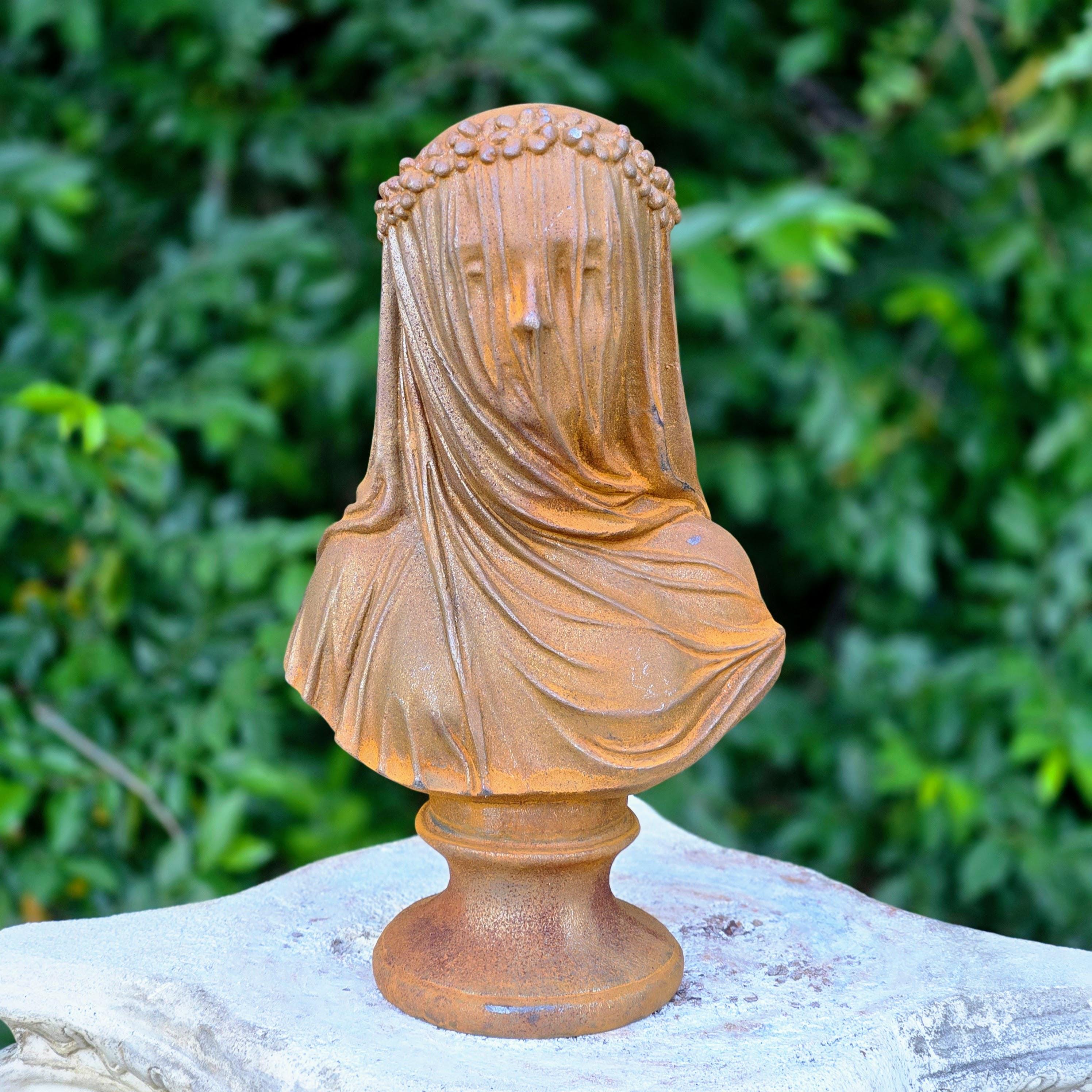 Cast Iron Veiled Lady Bust – Rustic Gothic Sculpture Garden Decor Mysterious Art